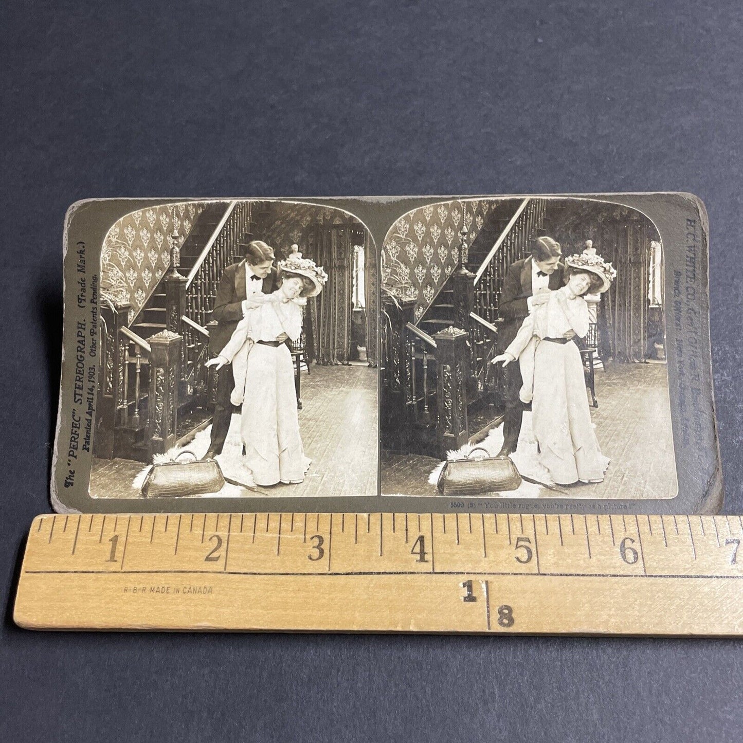 Antique 1903 Man Helps And Frisks Beautiful Woman Stereoview Photo Card P4675