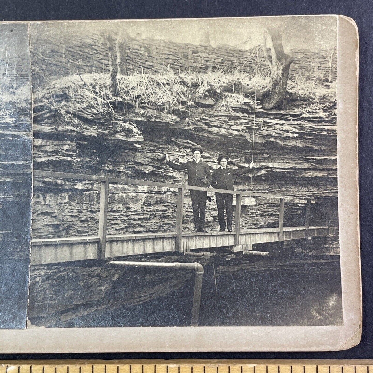 Men Standing in Watkins Glen Gorge Stereoview New York Antique c1890 X3893
