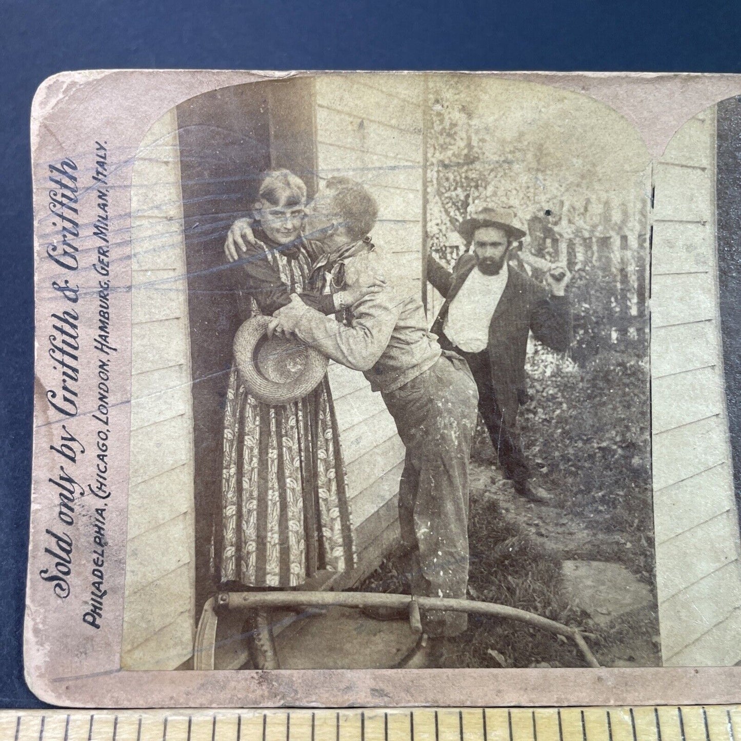 Antique 1892 Man Beats Friend For Kissing Wife Stereoview Photo Card P3353