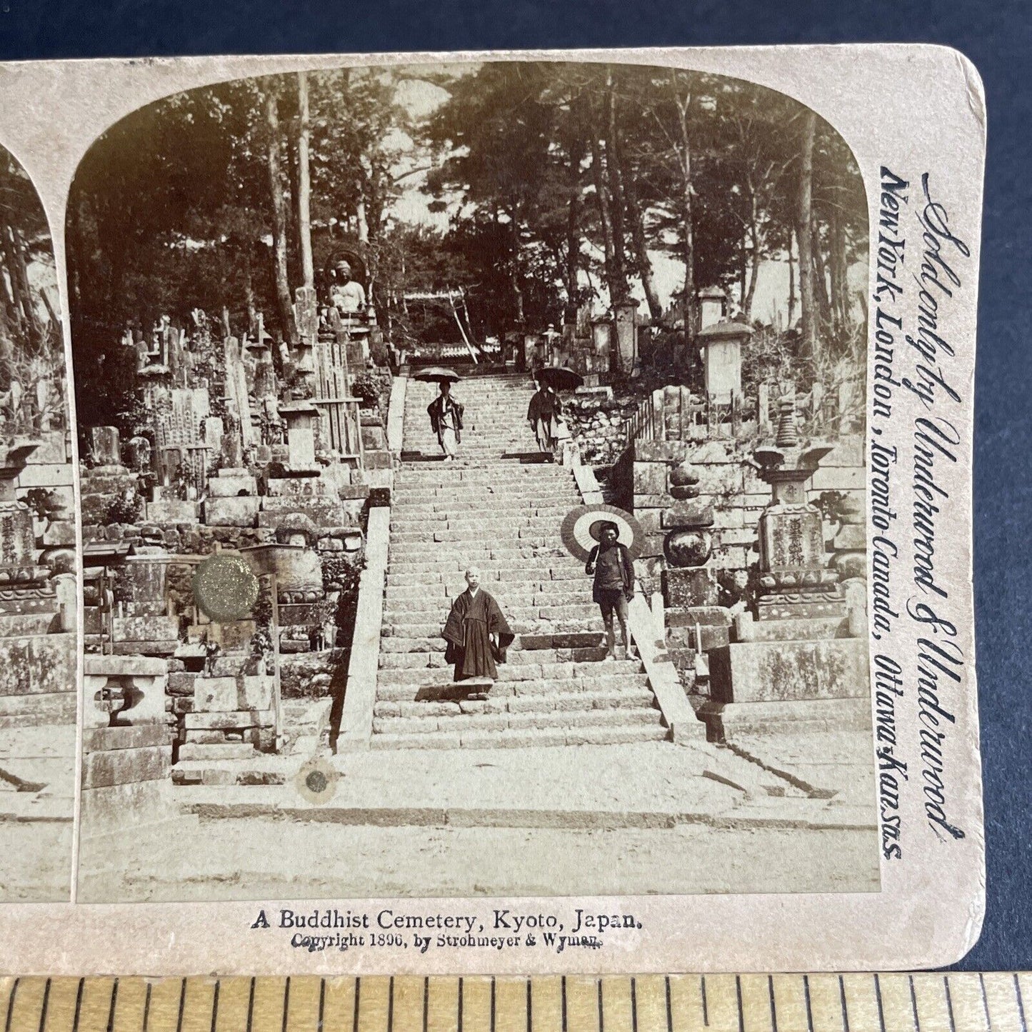 Antique 1896 Buddhist Temple Cemetery Kyoto Japan Stereoview Photo Card P4224