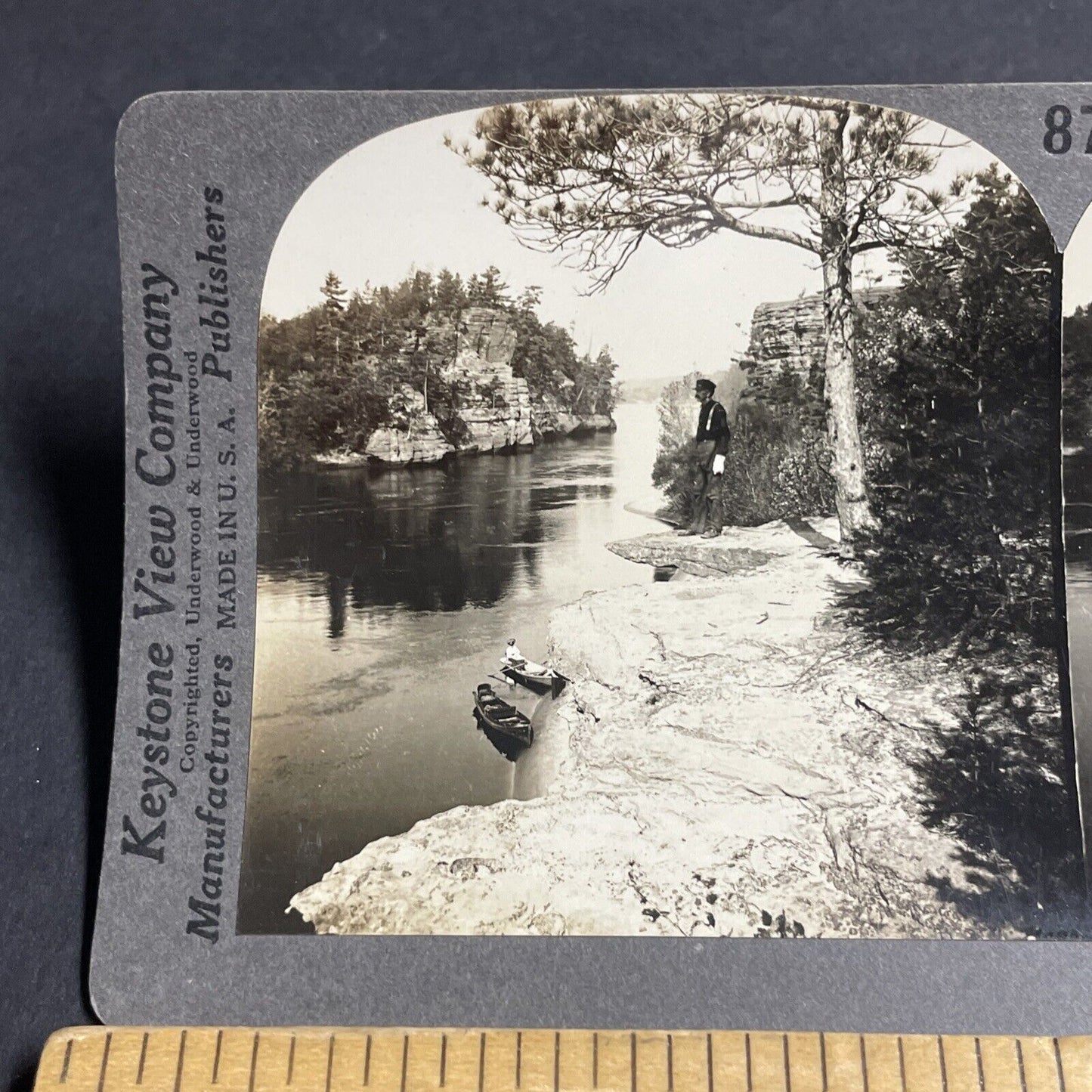 Antique 1910s Man Stands At Edge Of Cliff Wisconsin Stereoview Photo Card P4857