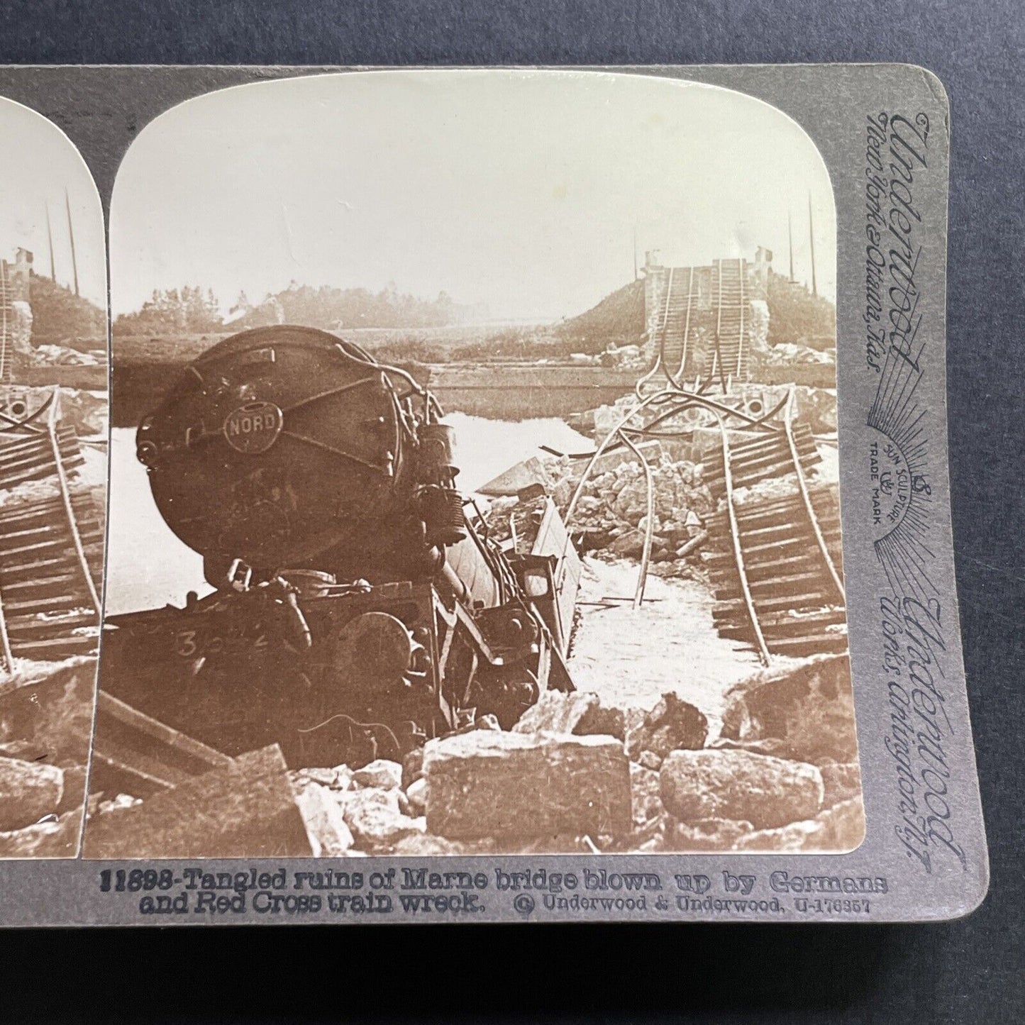 Antique 1915 Destroyed Train Bridge Battle Of Marne Stereoview Photo Card P1580