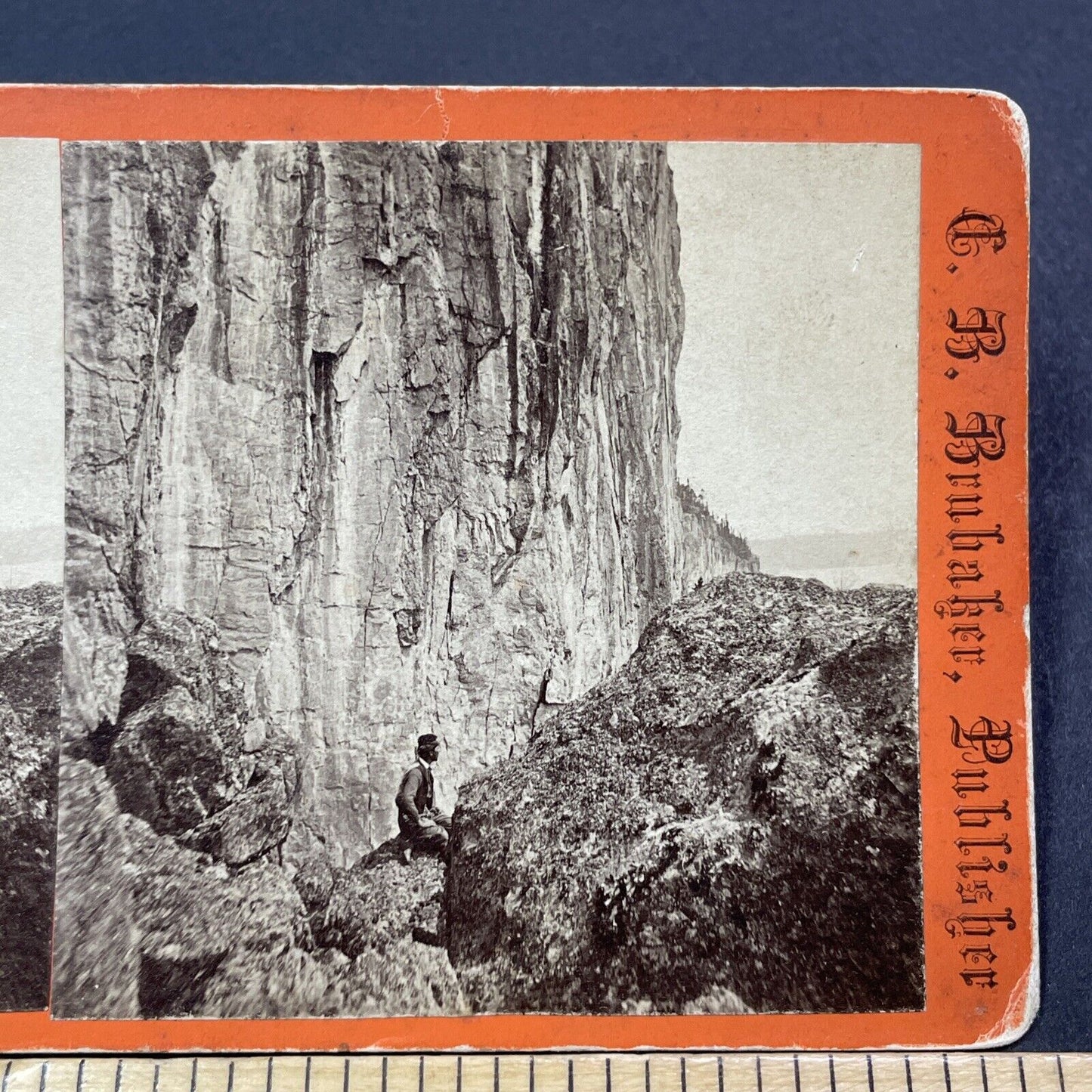 Antique 1860s Climber At Palisade Head Minnesota Stereoview Photo Card V1981