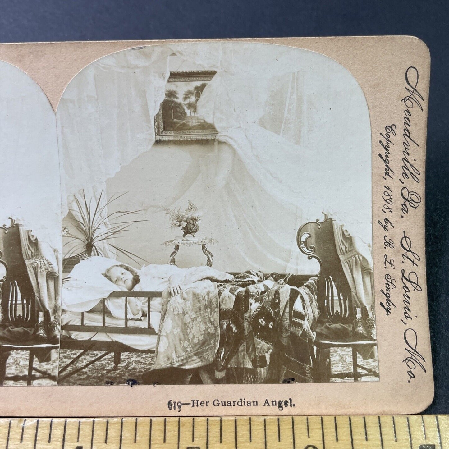 Antique 1898 Angel Floats Over Sick Child Stereoview Photo Card P2858