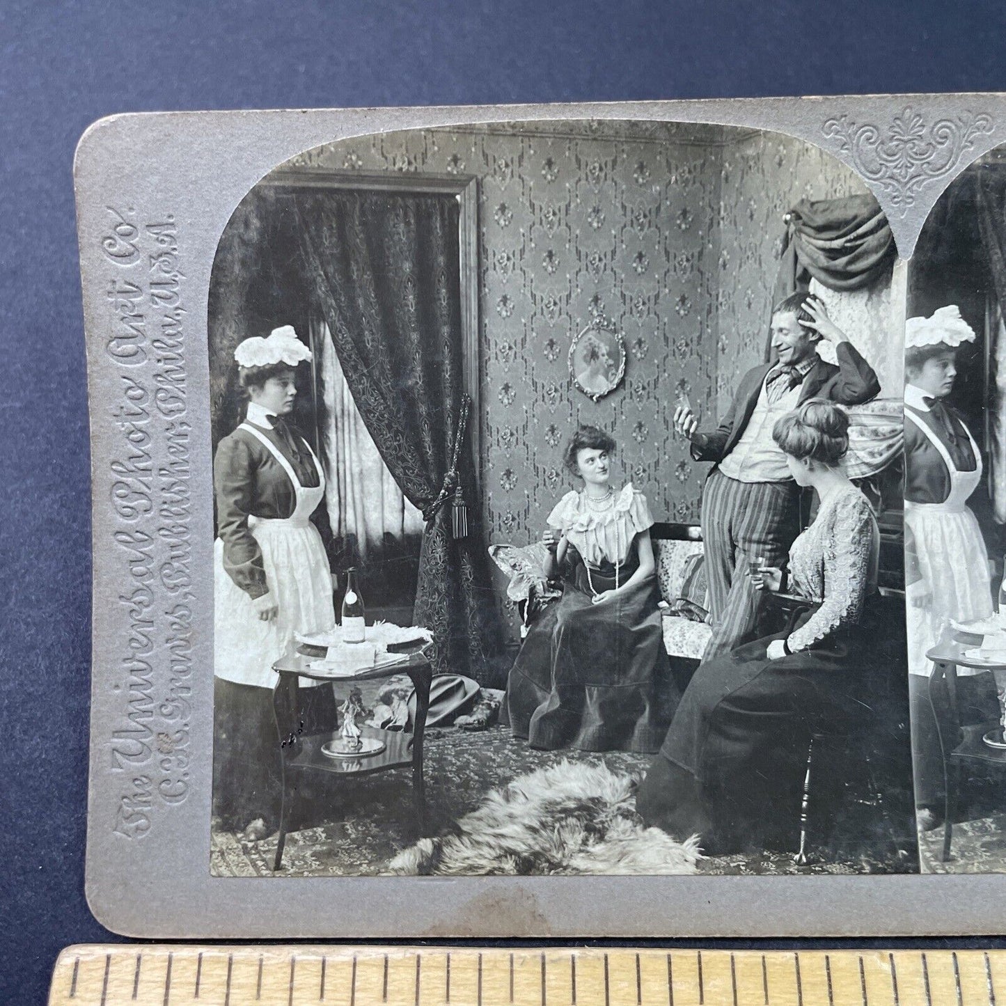 Antique 1902 Women Get Cousin Drunk Off Champagne Stereoview Photo Card P2930