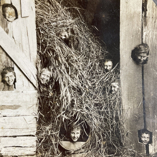 Antique 1910s Children Hiding In A Barn Stereoview Photo Card P4698