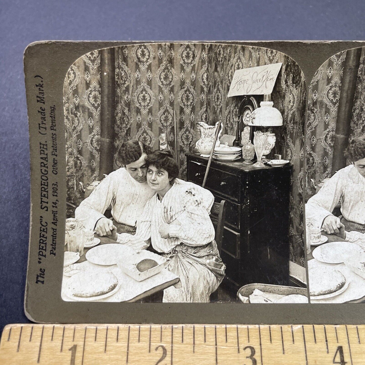 Antique 1903 Man And Woman Cuddle At Dinner Stereoview Photo Card P2647