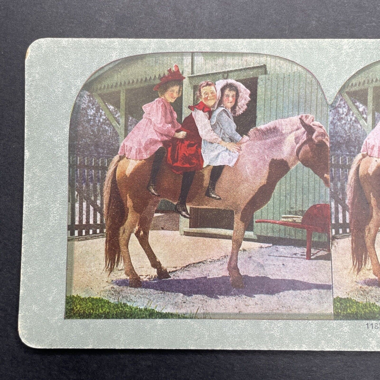 Antique 1898 Three Young Girls Ride A Horse Stereoview Photo Card P580-019