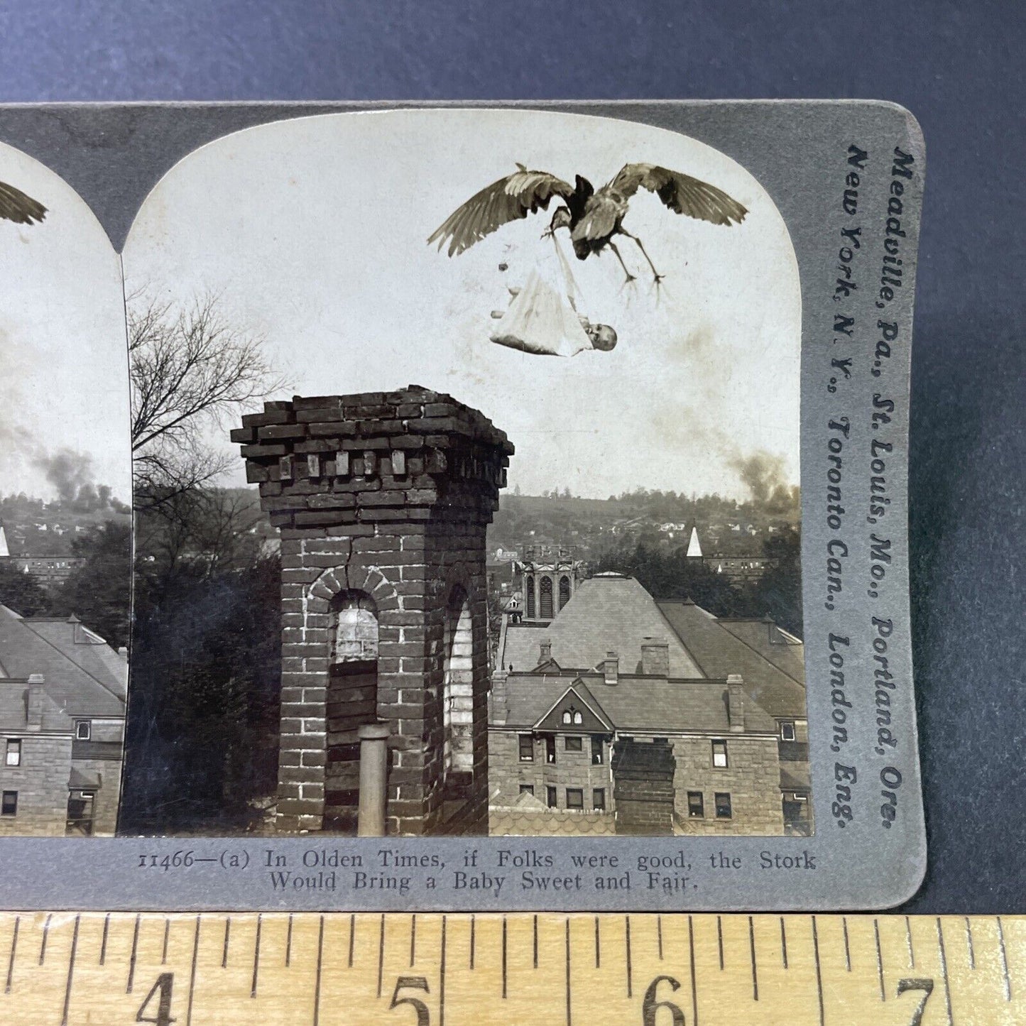 Antique 1907 Stork Carries Baby Over Village Stereoview Photo Card P2882