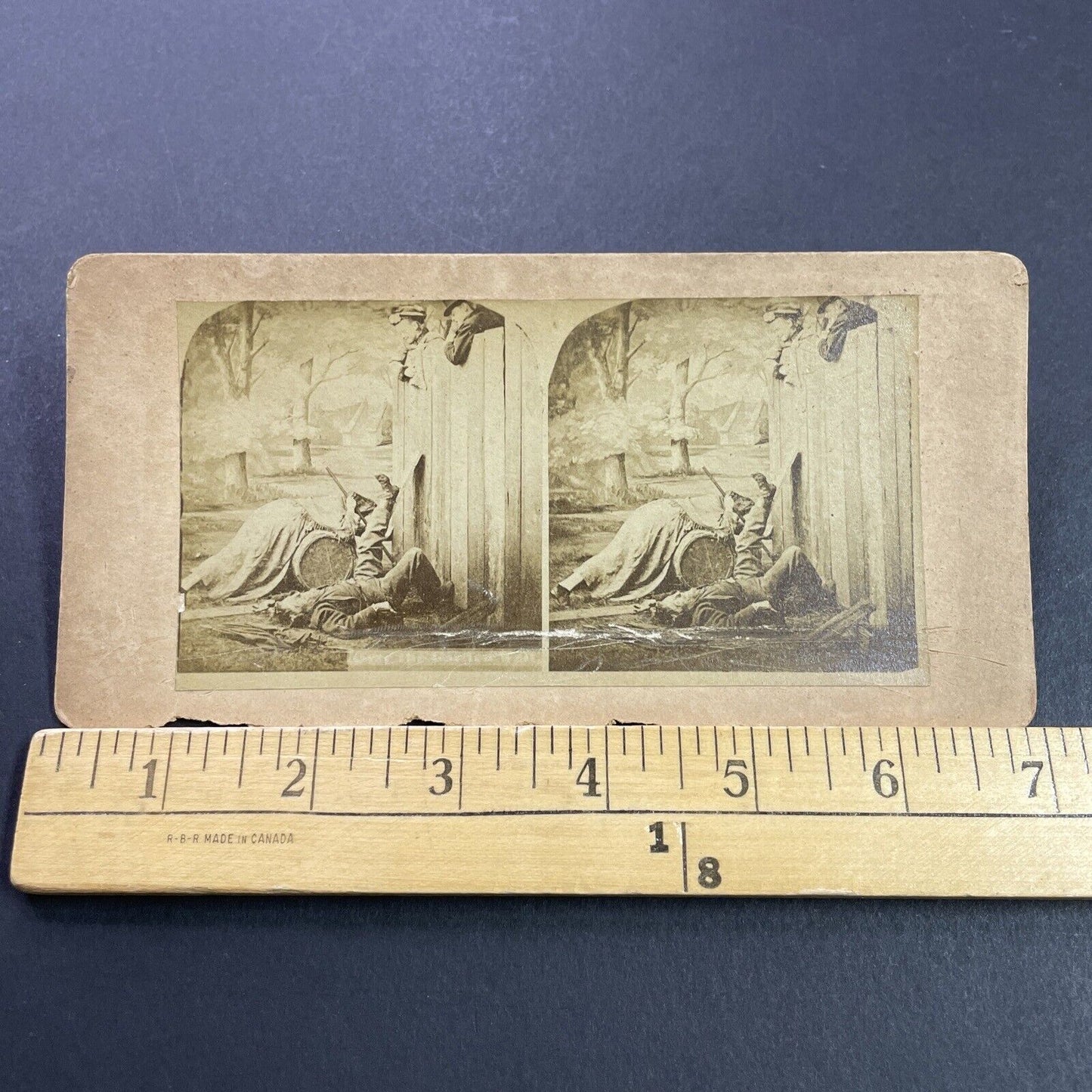 Antique 1870s Man Is Pushed Off Of Fence Stereoview Photo Card P4096