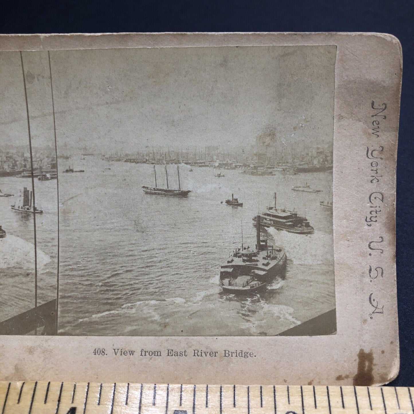 Antique 1894 Cargo Ships Hudson River Manhattan NY Stereoview Photo Card P1963