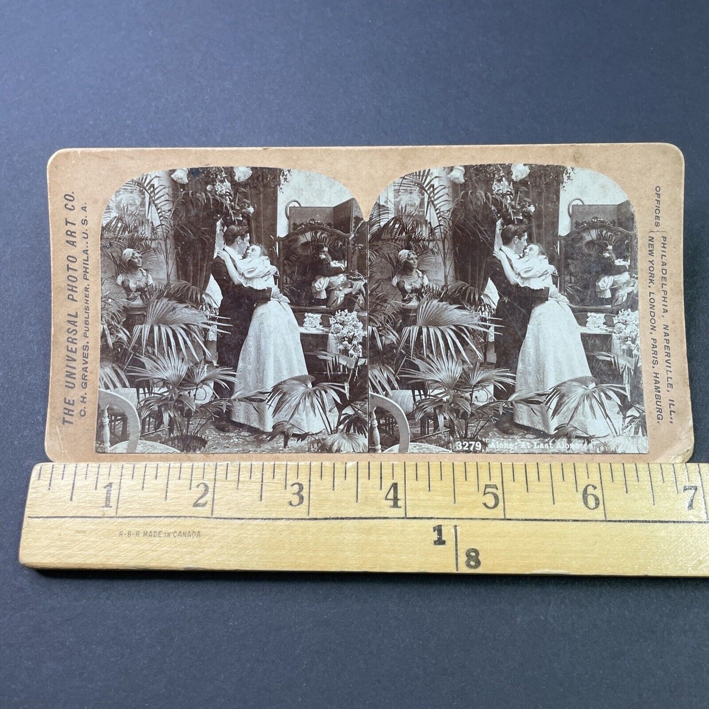 Antique 1897 Victorian Bride & Groom Kiss & Embrace Stereoview Photo Card P2946