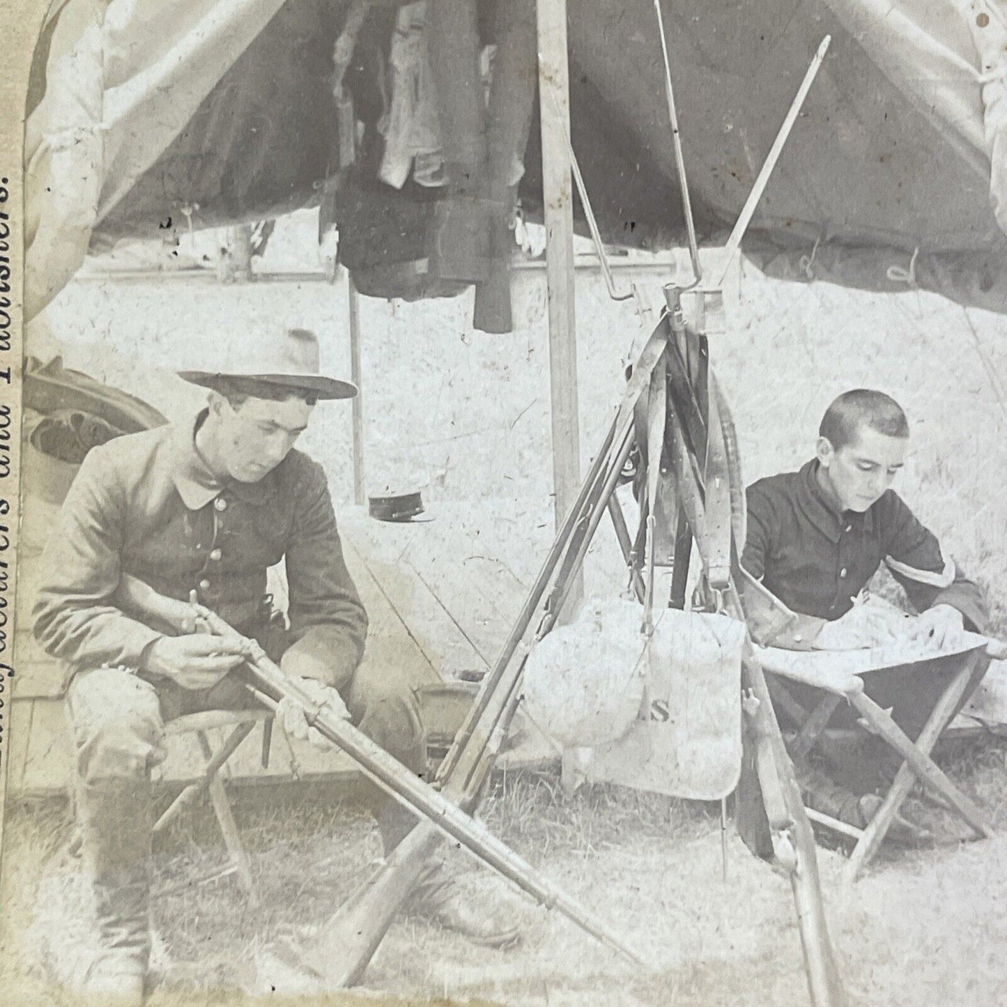 US Teen Soldiers Write Home Stereoview Spanish American War Antique c1899 X4241