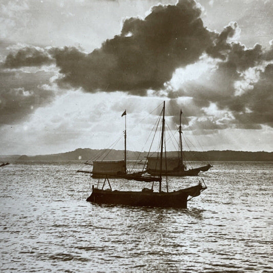 Antique 1903 Small Fishing Boats Coast Of Panama Stereoview Photo Card P923