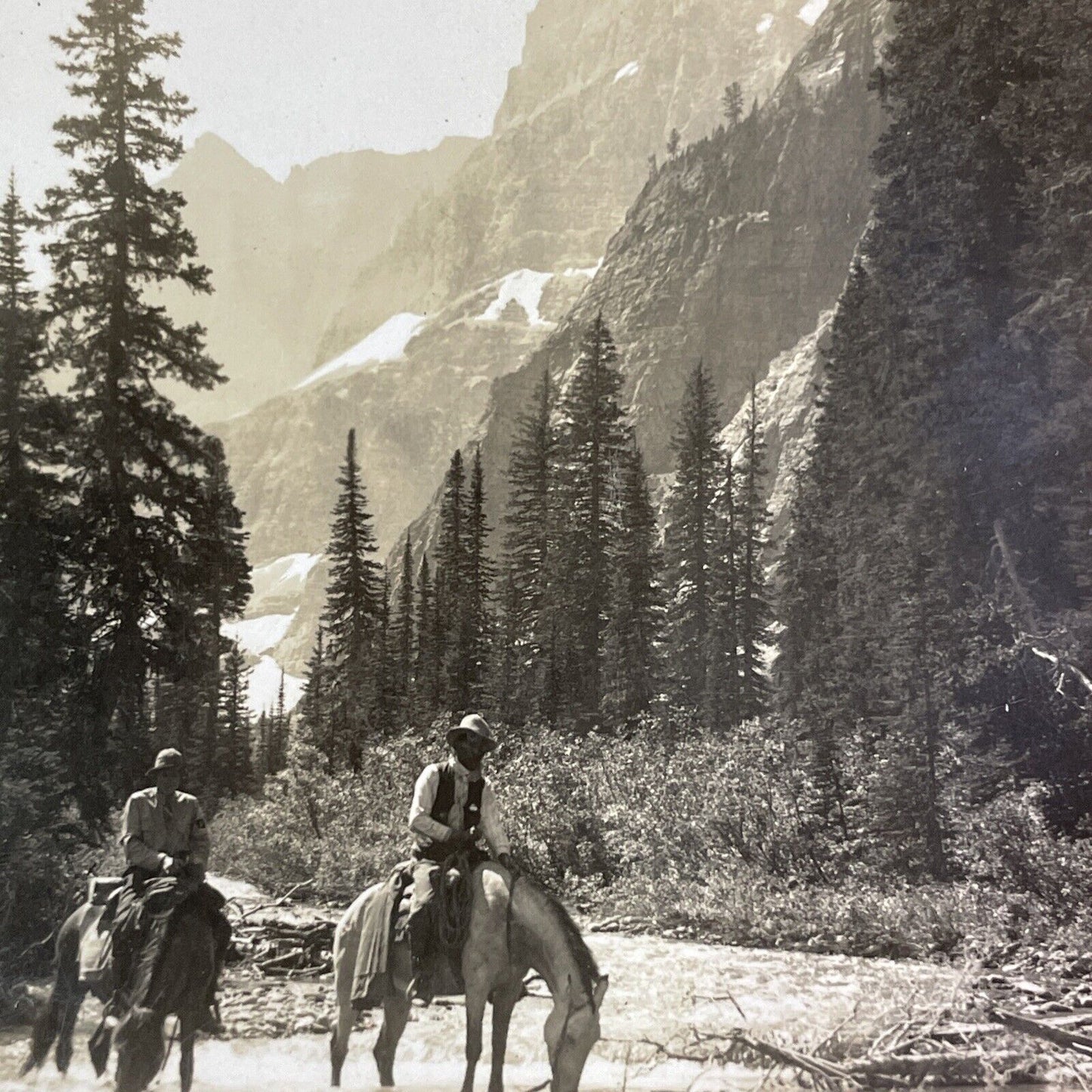 Cowboys on Horses Glacier National Park Stereoview Montana Antique c1906 Y1173