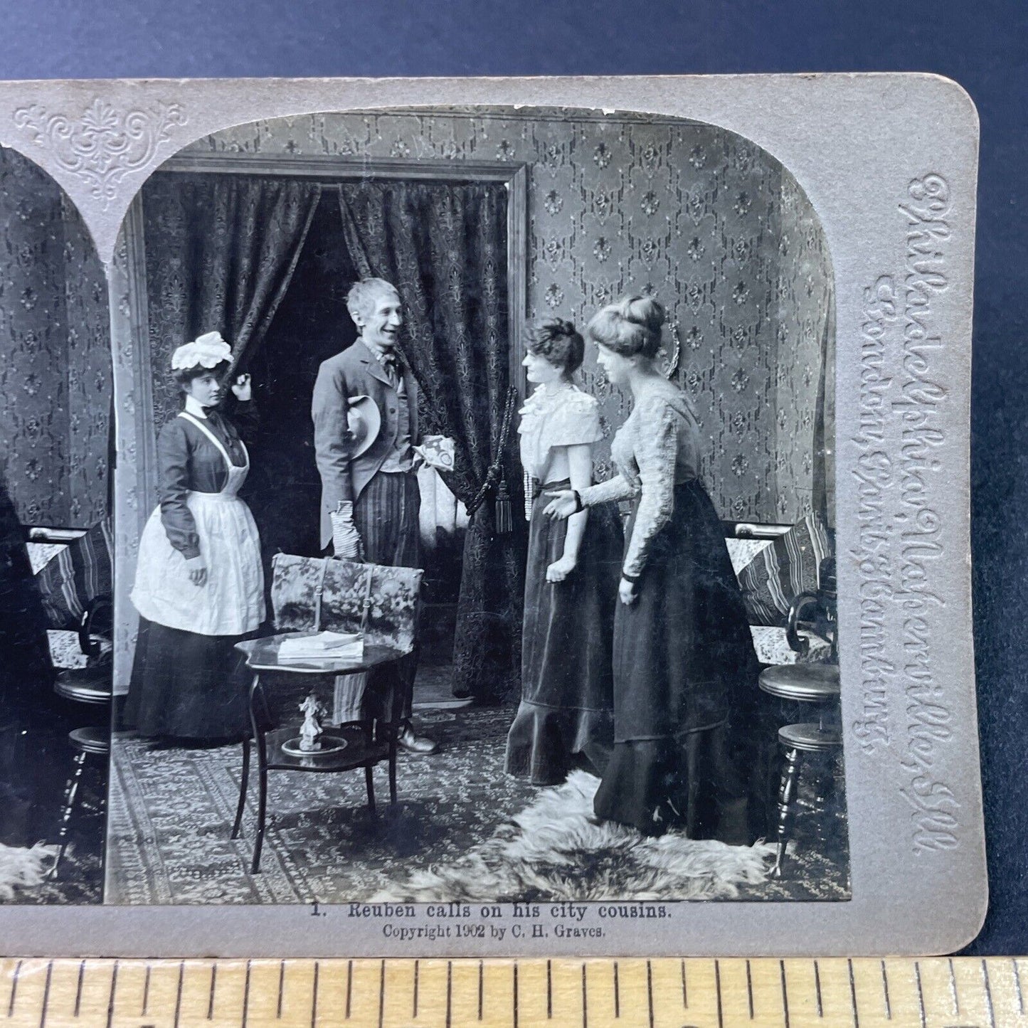 Antique 1902 Women Gush Once Farmer Cousin Arrives Stereoview Photo Card P2929