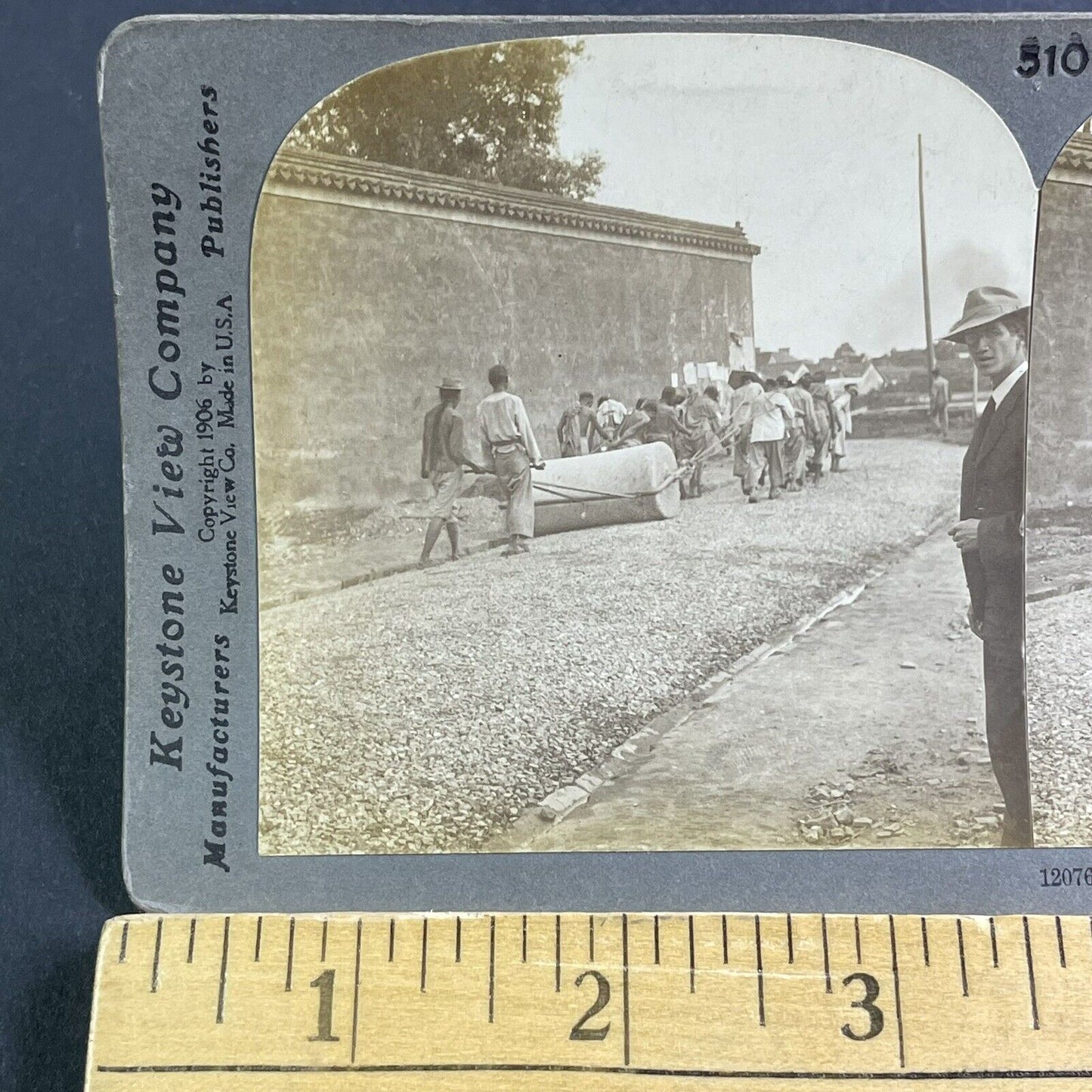 Antique 1906 Chinese Prisoners Pulling A Road Grader Stereoview Photo Card P2217