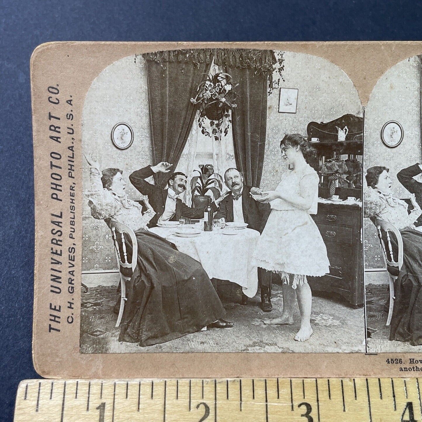 Antique 1897 Maid Servant Serves Dinner In Underwear Stereoview Photo Card P2974