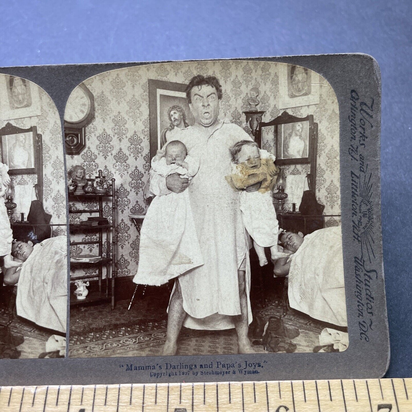 Antique 1897 Exhausted Dad With Crying Babies Stereoview Photo Card P2392