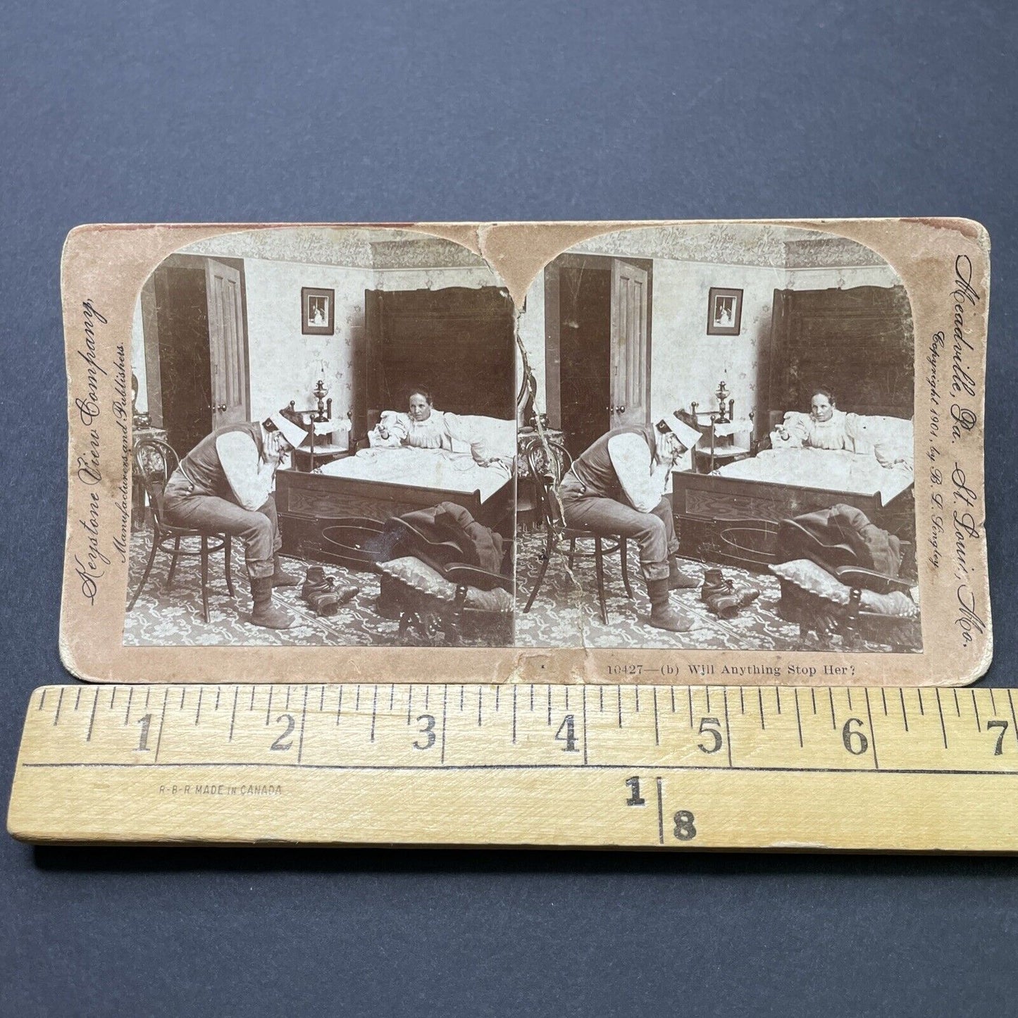 Antique 1901 Woman Yells At Hungover Man CREASED Stereoview Photo Card P2555