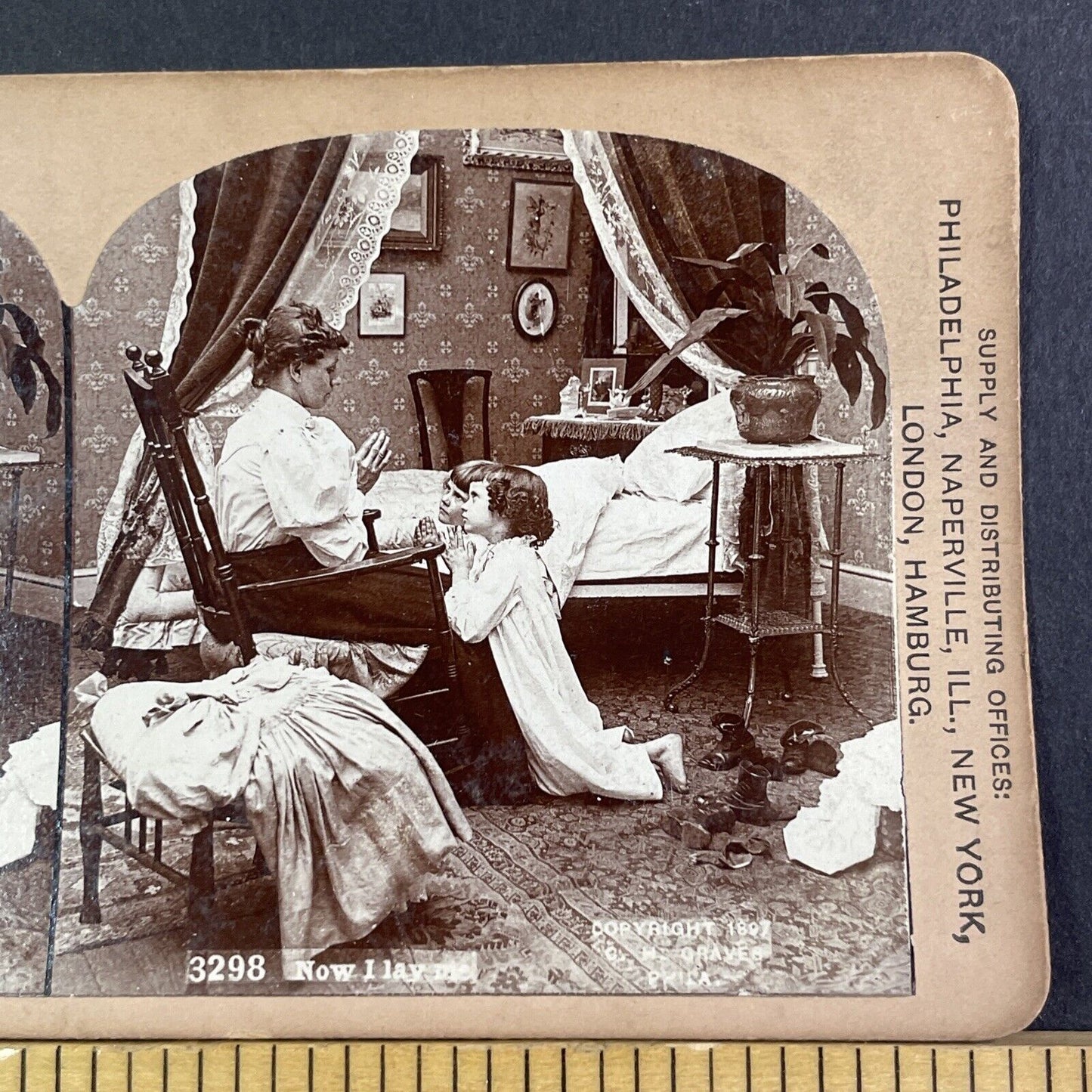 Children Praying With Mother Christian Prayer Stereoview Antique c1897 X3514