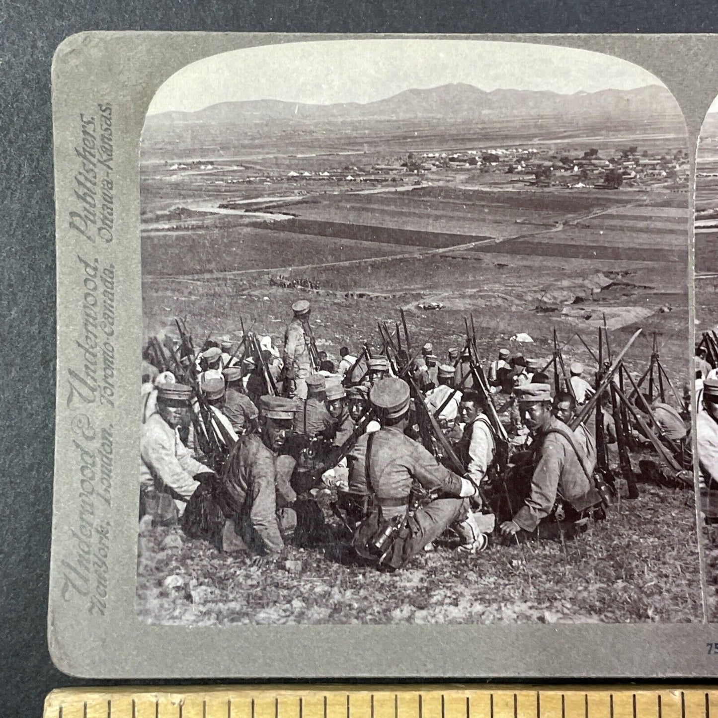 Japanese Troops Awaiting Orders Stereoview Dalian China Antique c1905 X2806