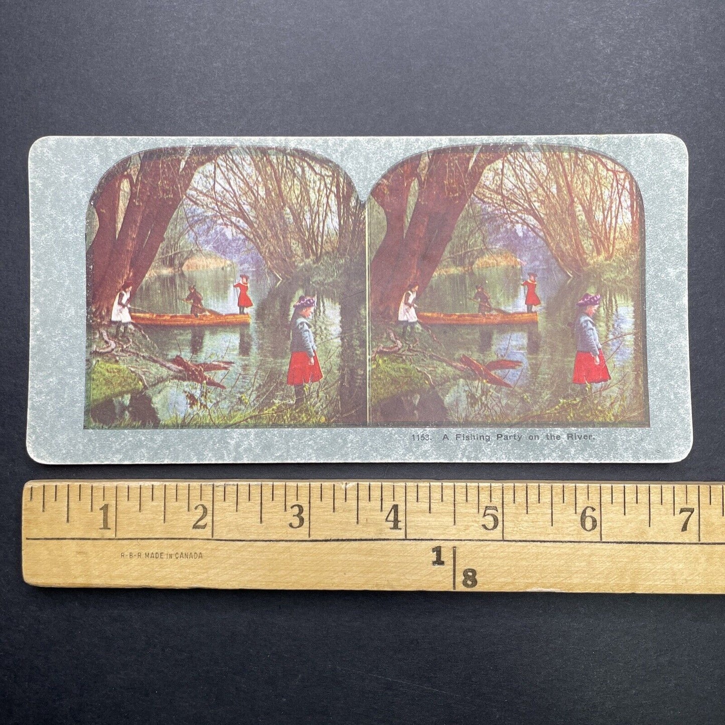 Antique 1898 Children Bass Fishing On A River Stereoview Photo Card P580-051