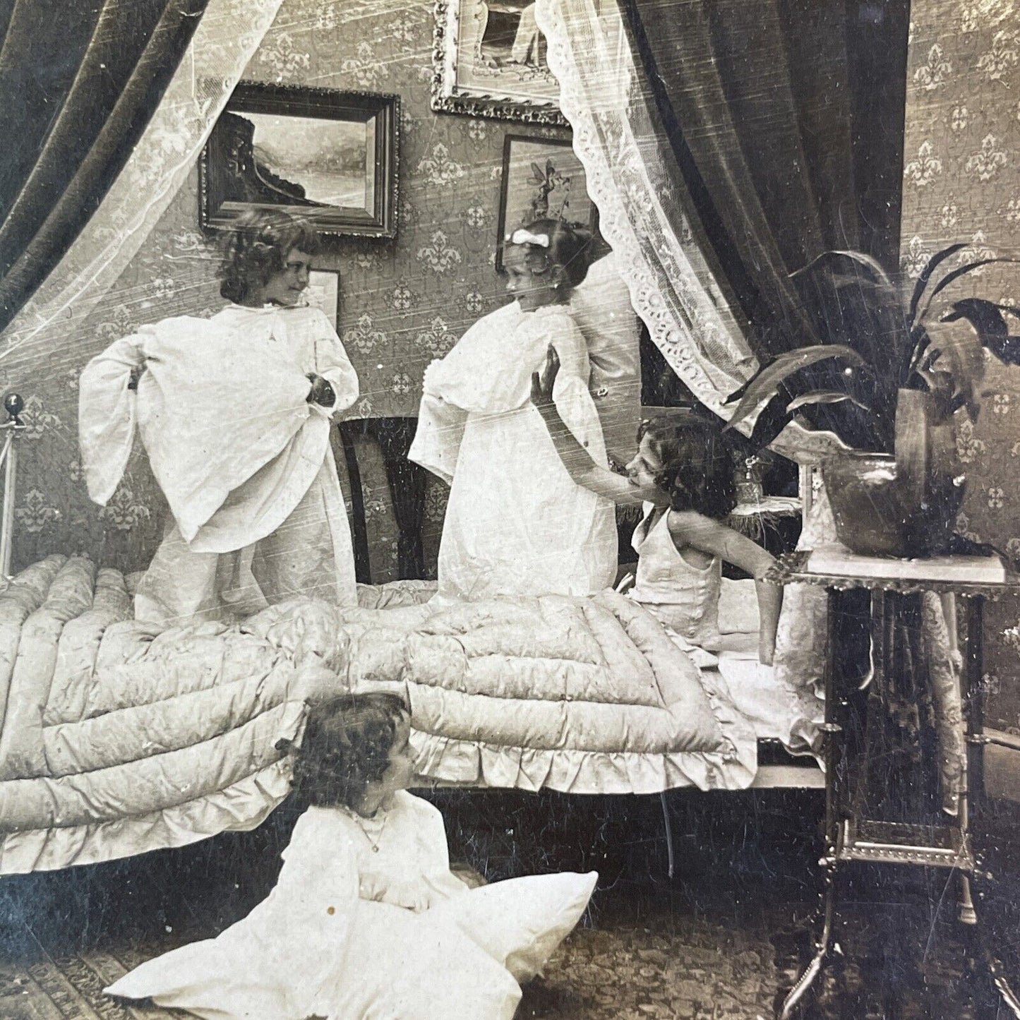 Children Have a Pillow Fight in Bedroom Stereoview Antique c1890s Y1348