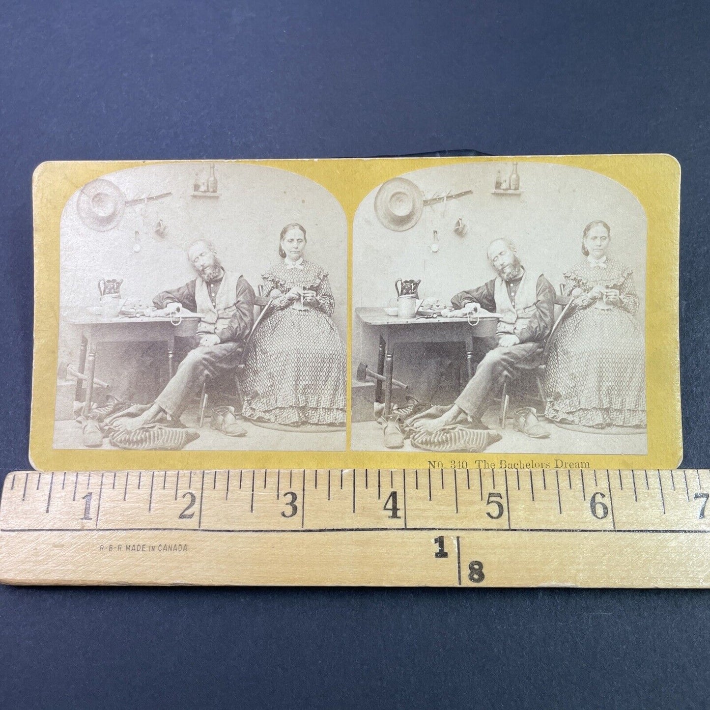 Antique 1870s Woman Knits While Husband Sleeps Stereoview Photo Card P3361