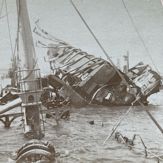 Antique 1899 Sinking Of USS Maine In Havana Cuba Stereoview Photo Card P2381