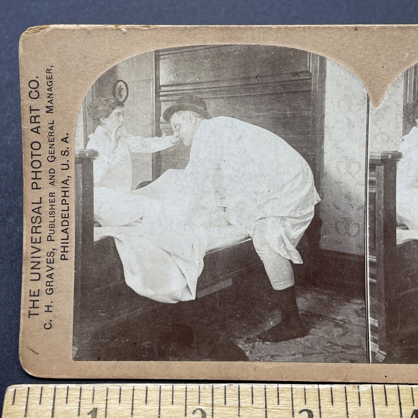 Antique 1897 Woman Kicks Man Out Of Bed Stereoview Photo Card P2567