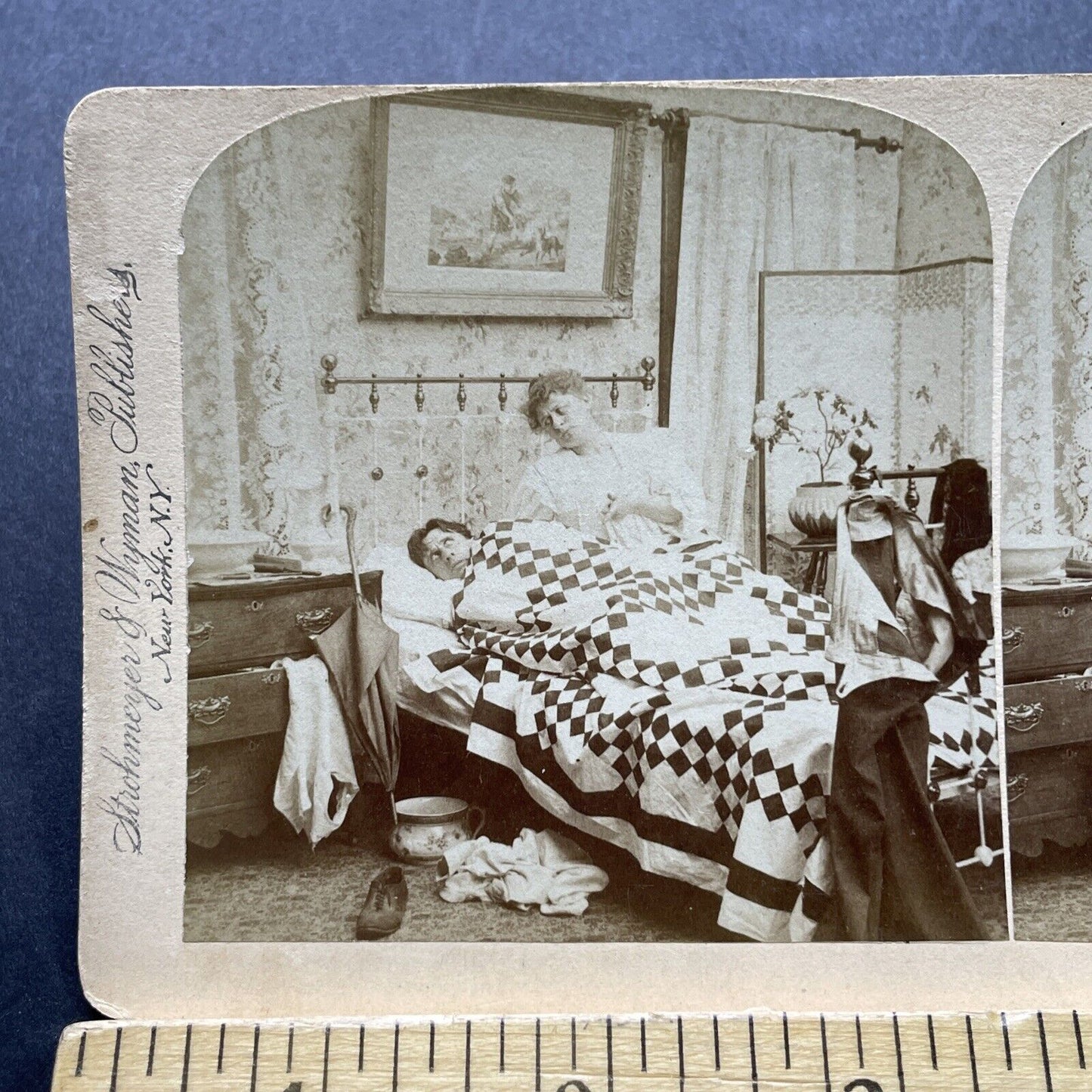 Antique 1897 Woman Wakes Husband For Work Stereoview Photo Card P2405