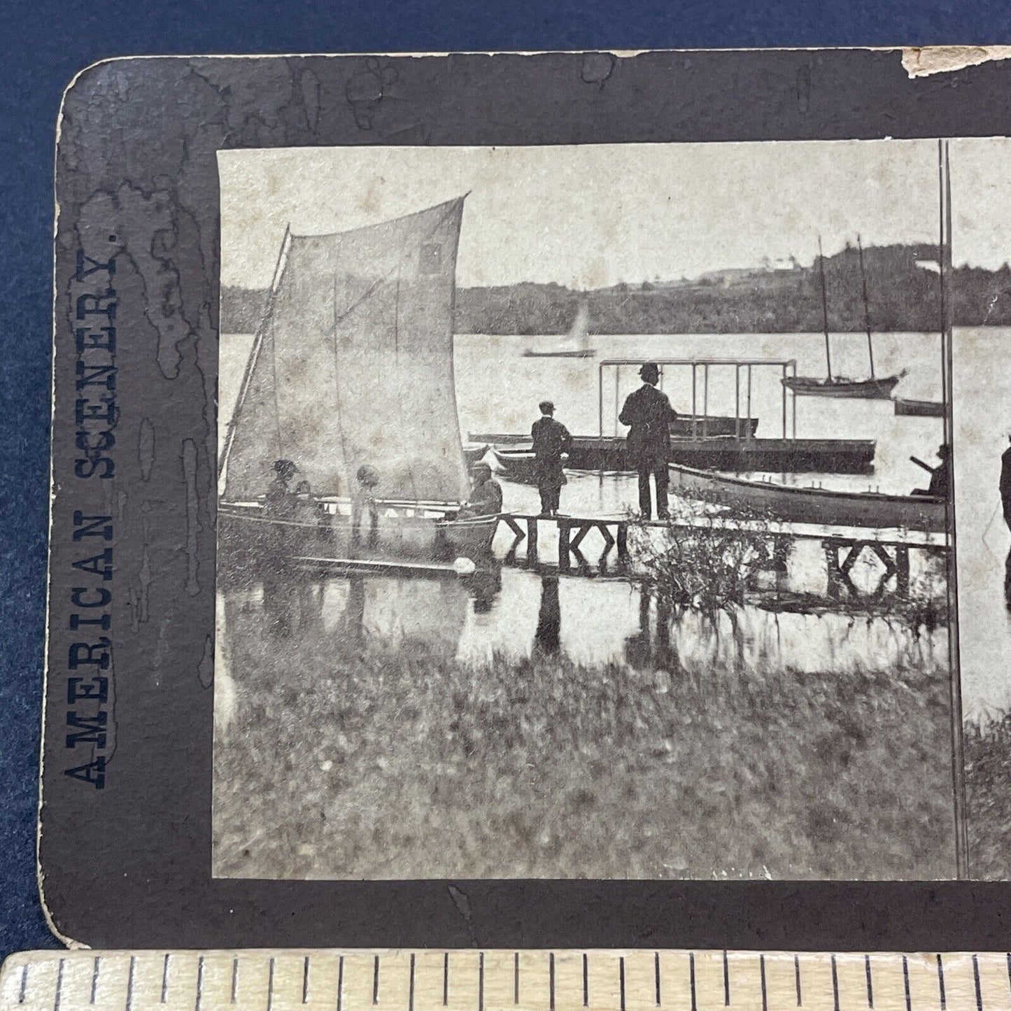 Antique 1870s Warren New Hampshire Sailboat On Lake Stereoview Photo Card V1921