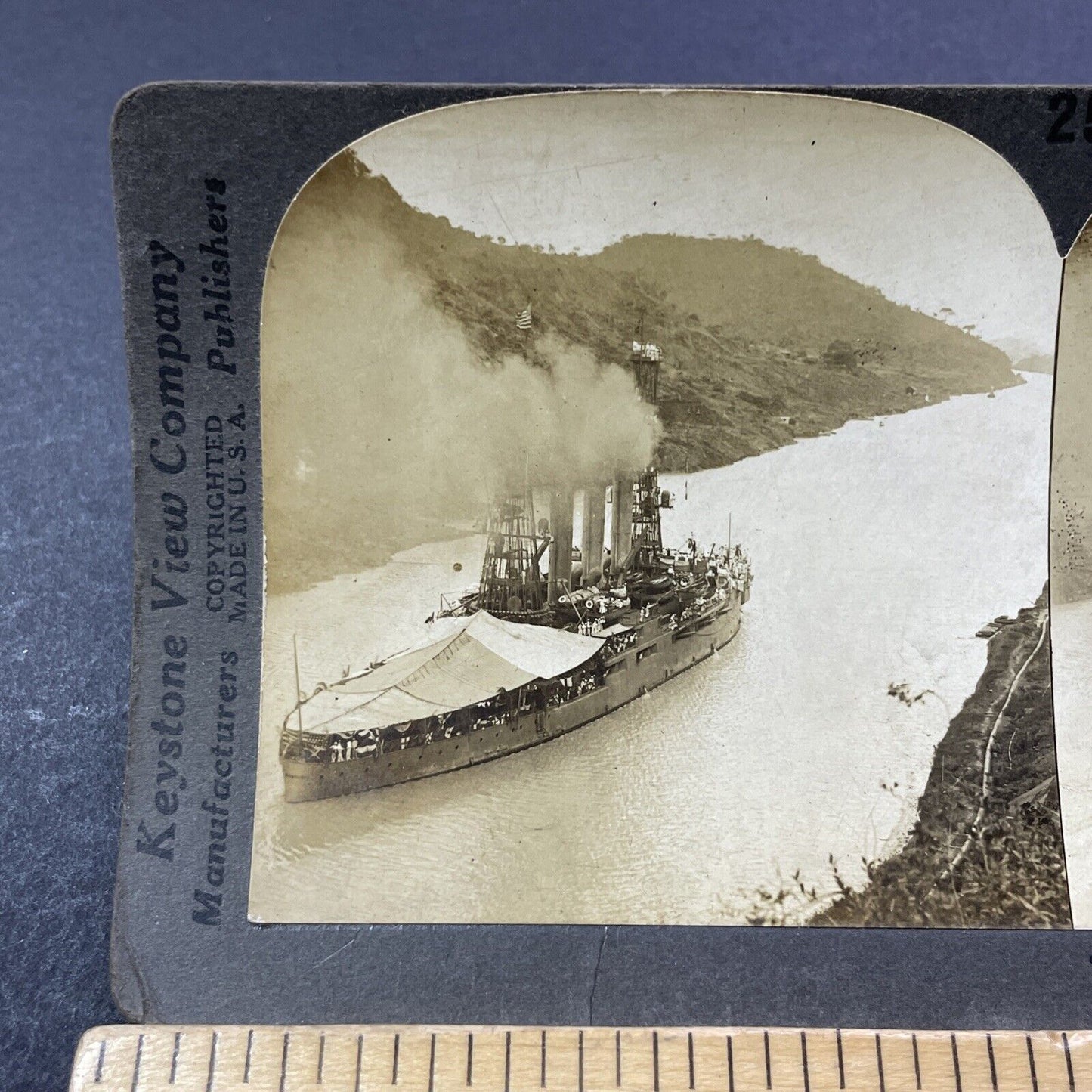 Antique 1909 USS Missouri Battleship In A Canal Stereoview Photo Card V3312