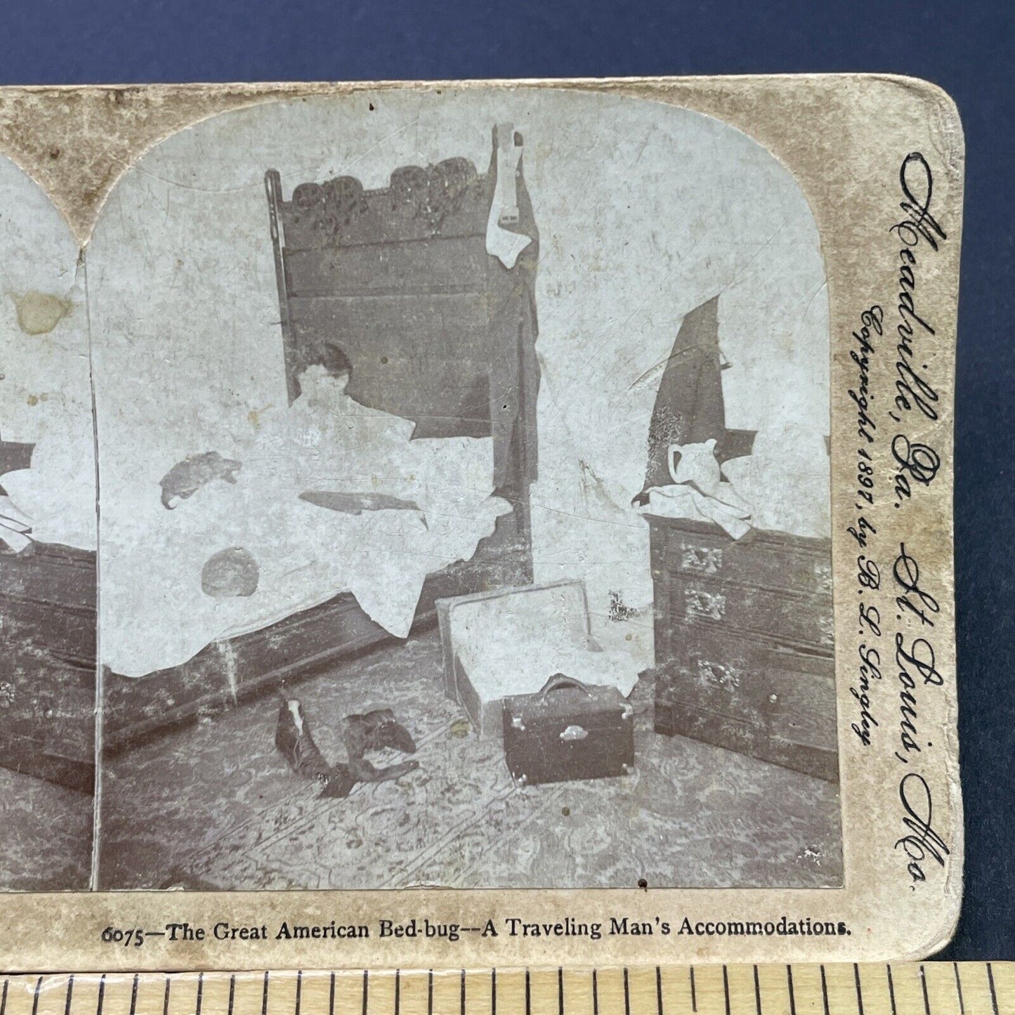 Antique 1897 Business Man In A Hotel Room Stereoview Photo Card P2633