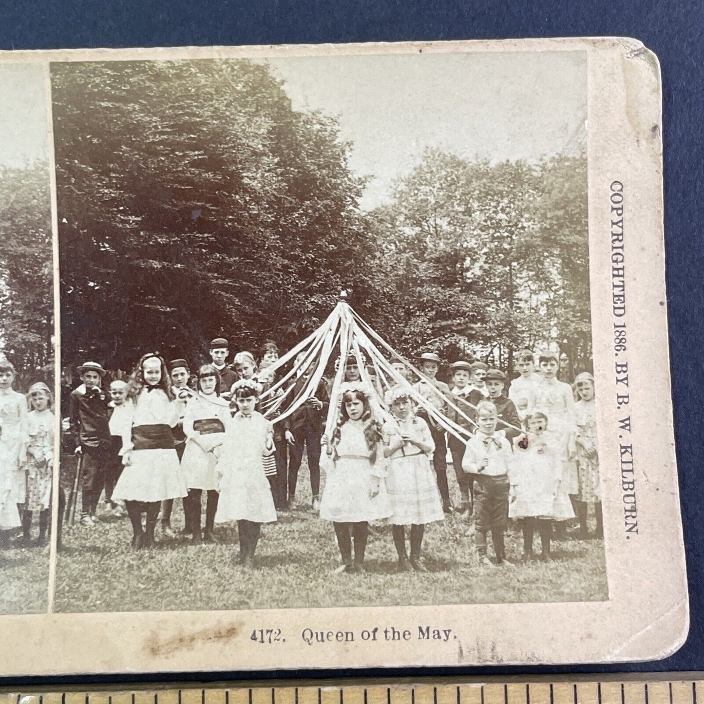 Girls Maypole Dance Boys with Baseball Equipment Stereoview Antique c1886 X4095