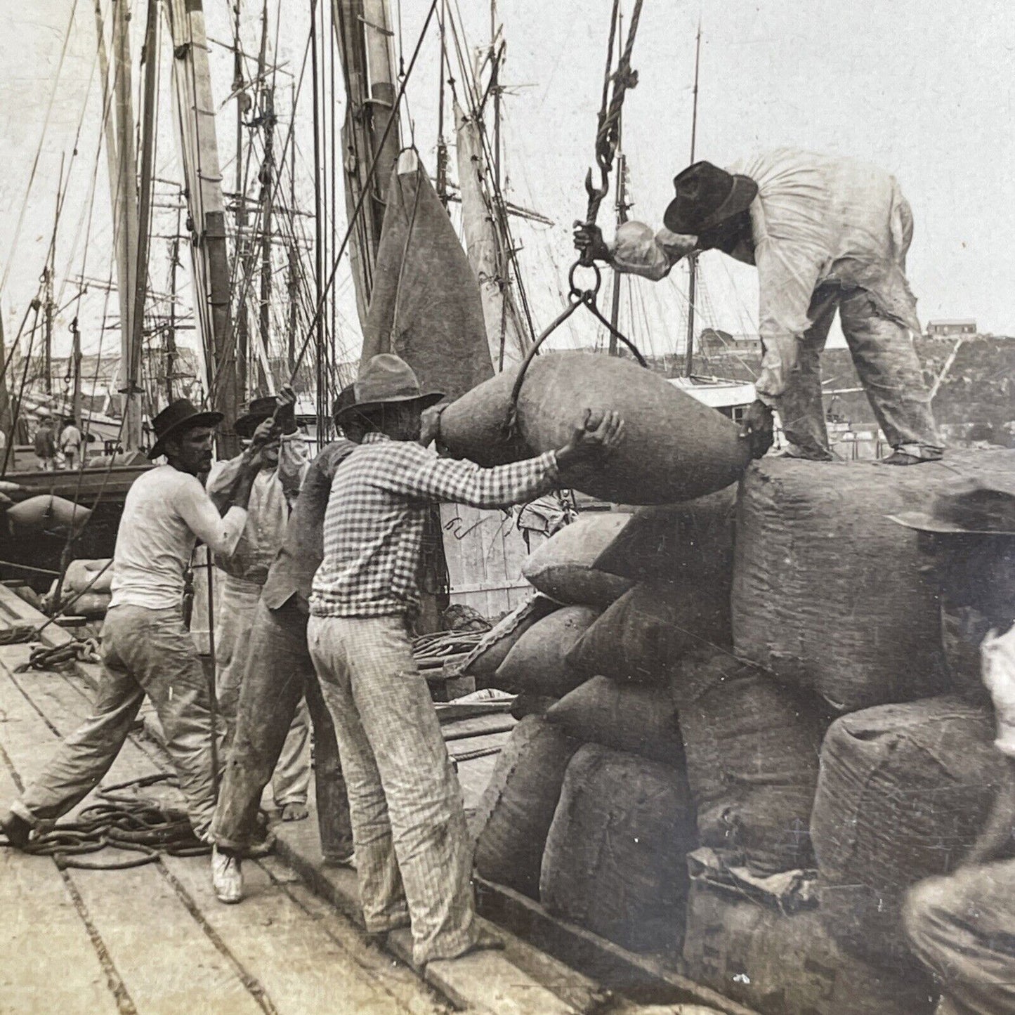 Antique 1880s Men Loading Grains Onto Merchant Vessel Stereoview Photo Card P944