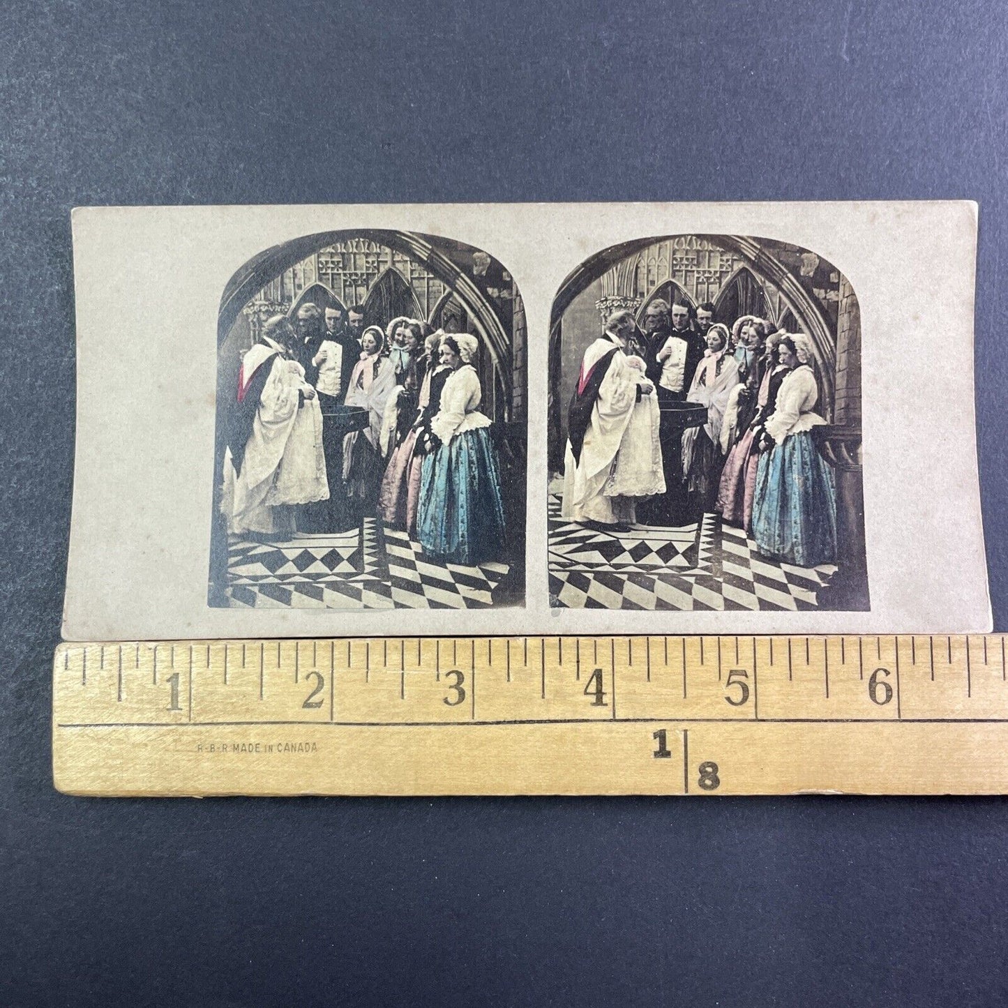 Priest Baptizes A Baby In English Church Stereoview Antique c1850s X2712