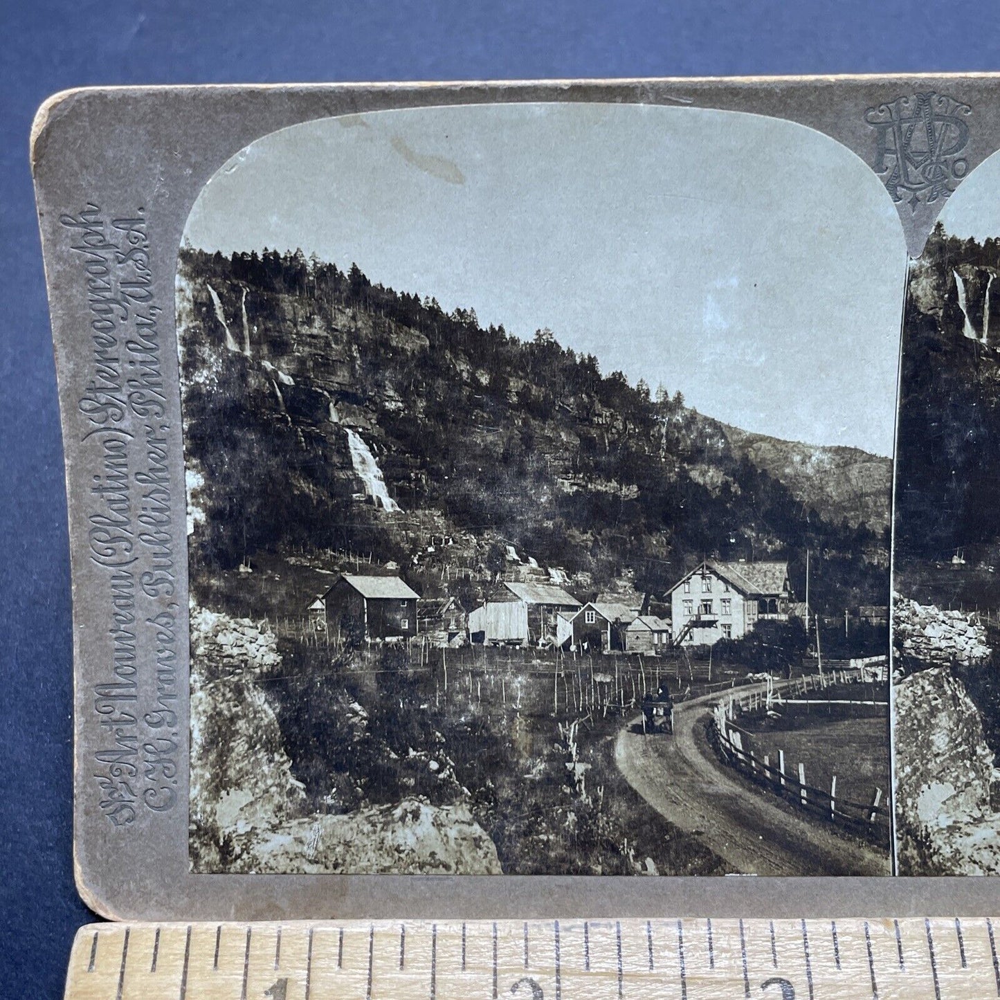 Antique 1900 Hillside Waterfall Oslo Norway Stereoview Photo Card P1837