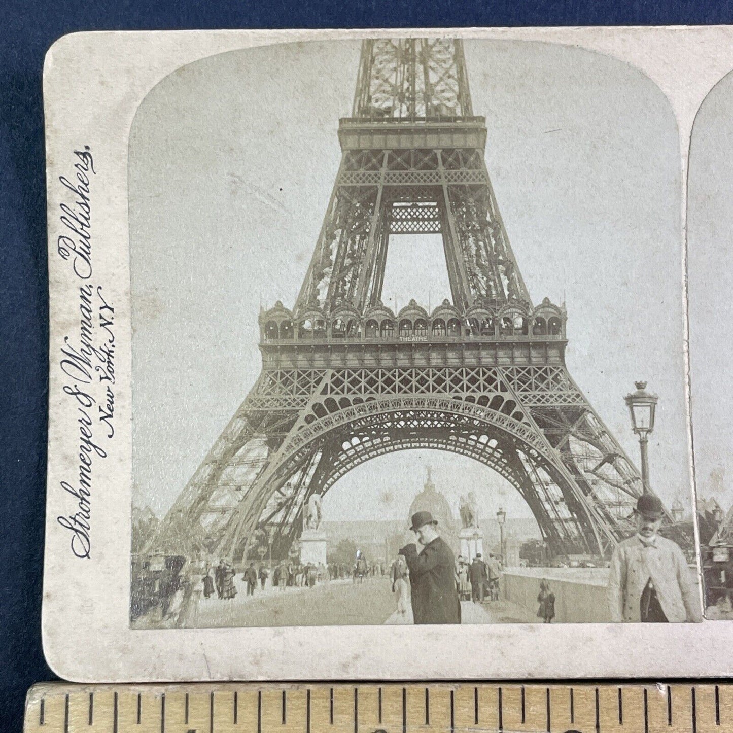 Man Holds Nose in Disgust to Eiffel Tower Stereoview Paris Antique c1894 X4156