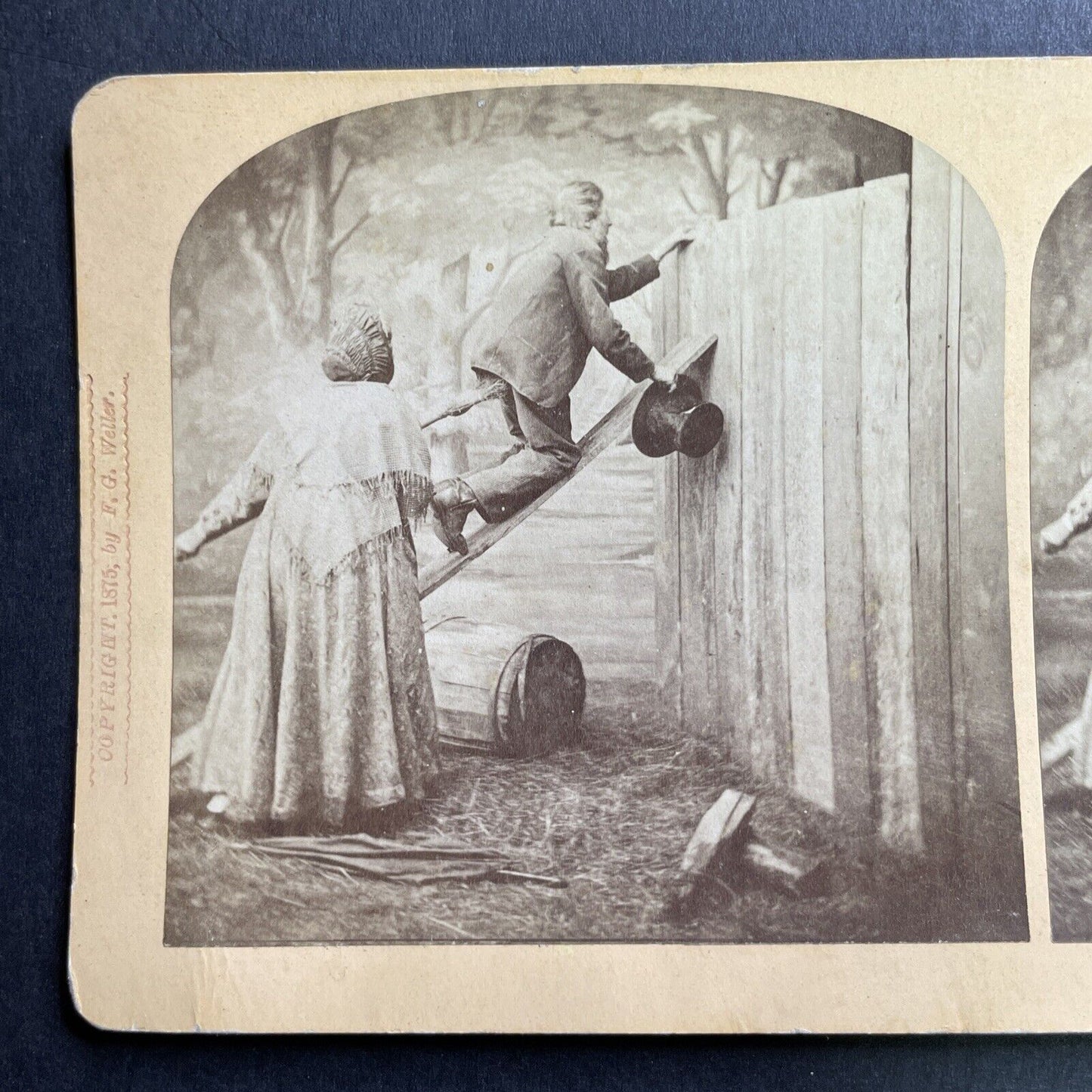 Antique 1875 Husband And Wife Spy On Neighbors Stereoview Photo Card P1648