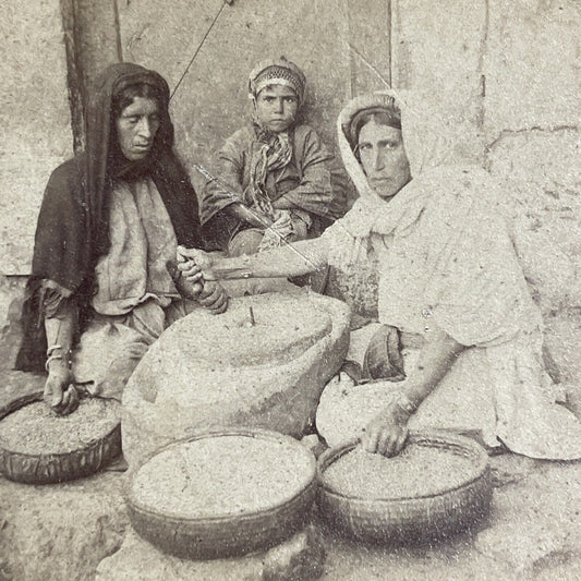 Antique 1900 Palestinian Women Making Flour Stereoview Photo Card P4434