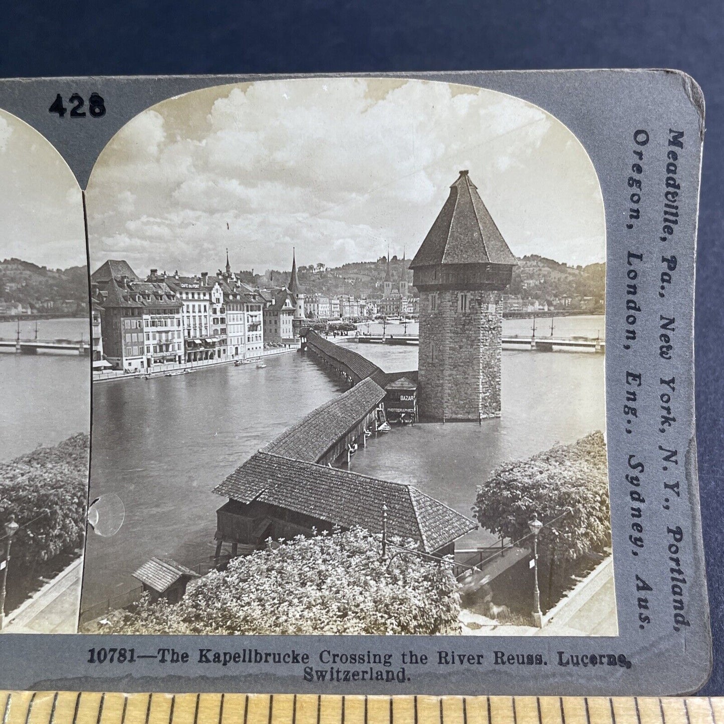 Antique 1901 Kapellbrucke Bridge Lucerne Switzerland Stereoview Photo Card P2136