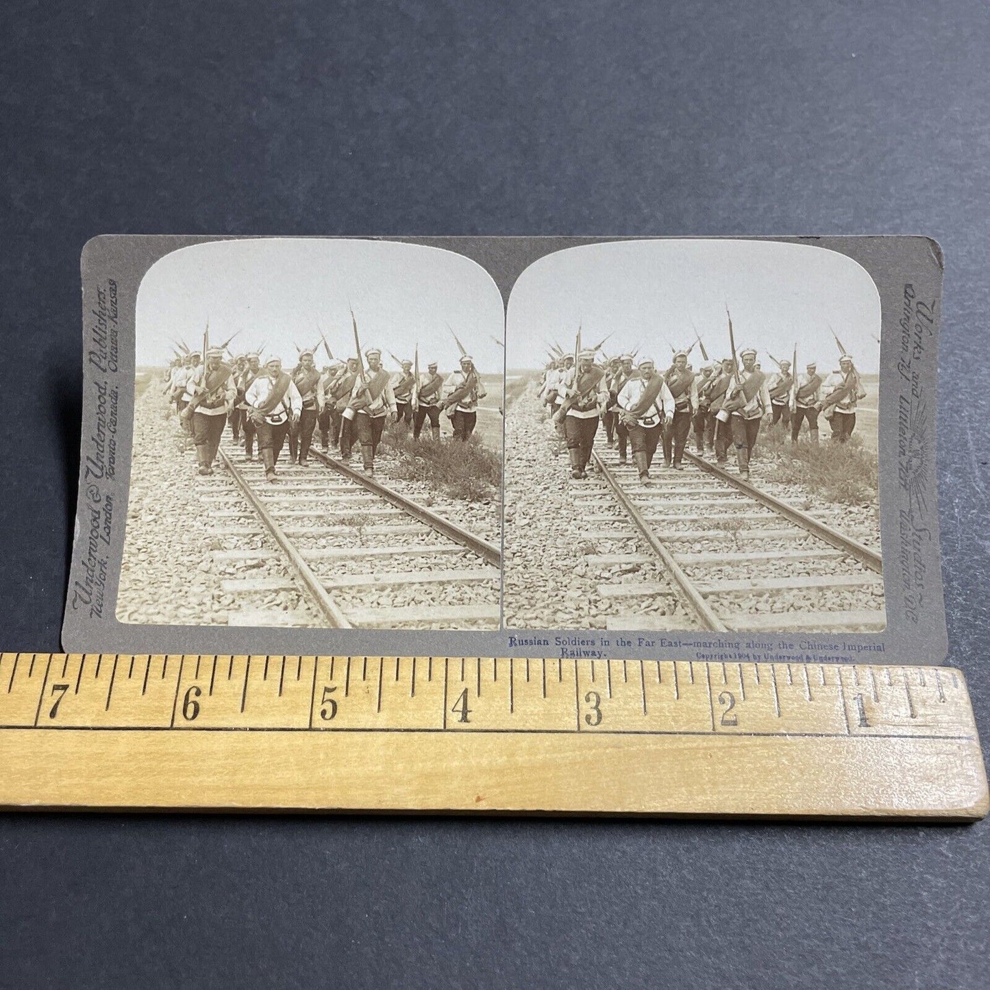 Antique 1904 Russia Soldiers Invade China Railroad Stereoview Photo Card P5624