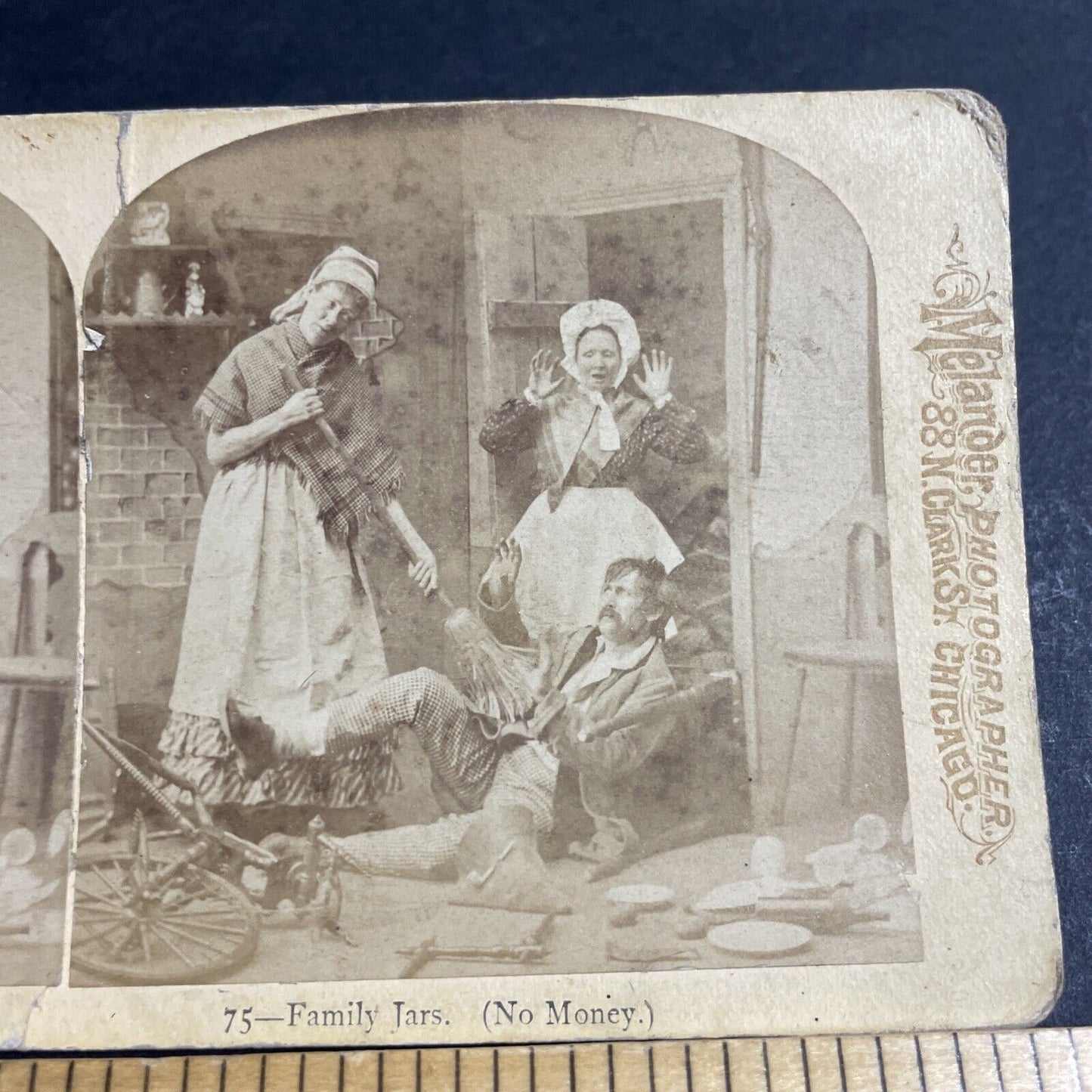 Antique 1876 Man Falls Off Of Bicycle In Kitchen Stereoview Photo Card P4672