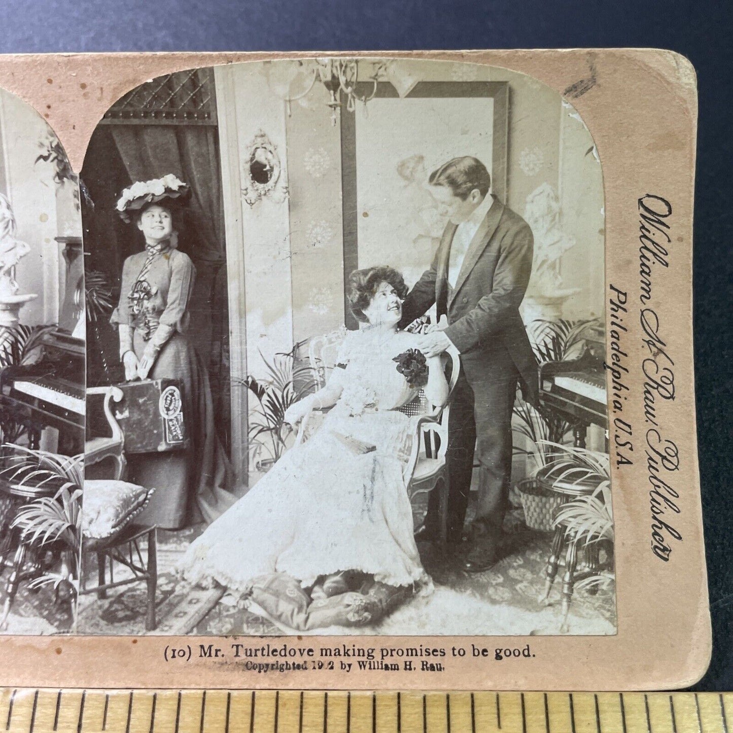 Antique 1902 Maid Flirts With Husband Near His Wife Stereoview Photo Card P3401