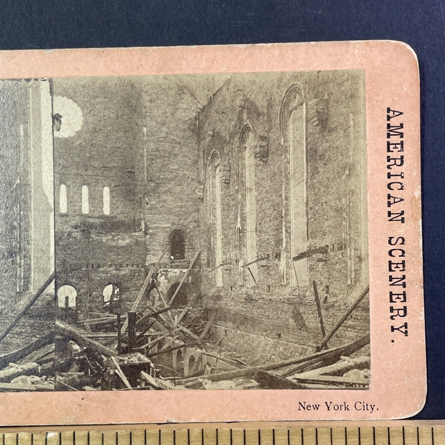 St. George's Church Fire Stereoview Stuyvesant Manhattan NY Antique c1865 X1293