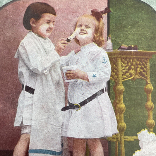 Antique 1905 Boy And Girl Play With Shaving Cream Stereoview Photo Card P1246