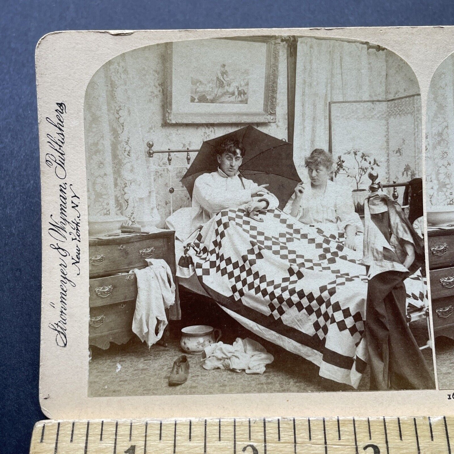 Antique 1897 Drunken Husband Is Hungover Hangover Stereoview Photo Card P2356