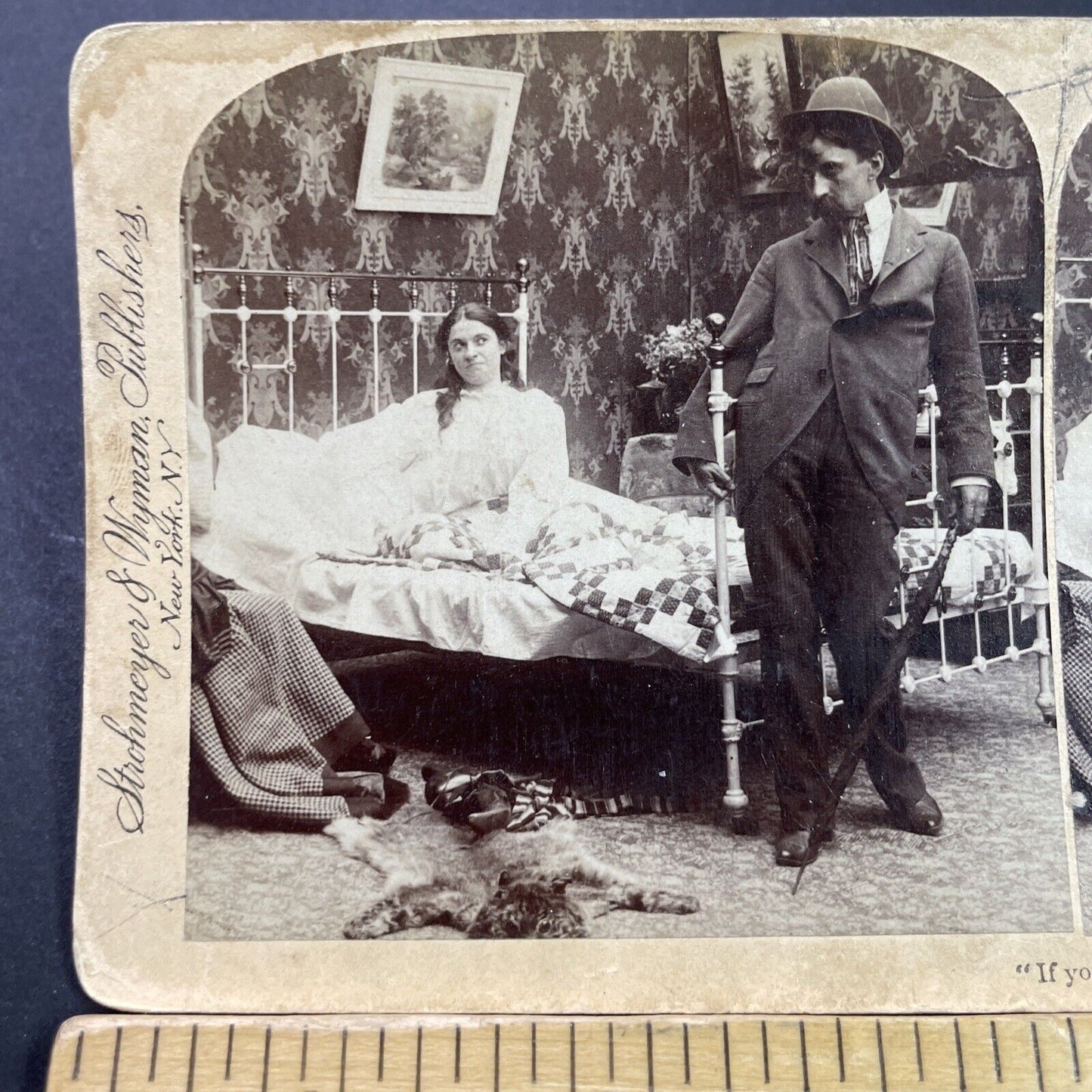 Antique 1897 Drunk Man Walks Into Bedroom Stereoview Photo Card P3964